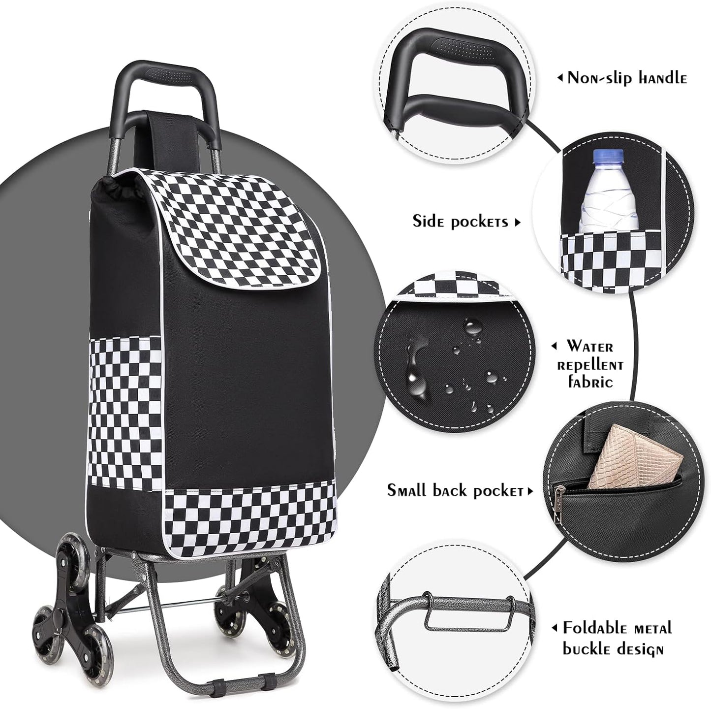 Klappbarer Treppensteiger-Einkaufstrolley mit abnehmbarer Tasche, Schwarz