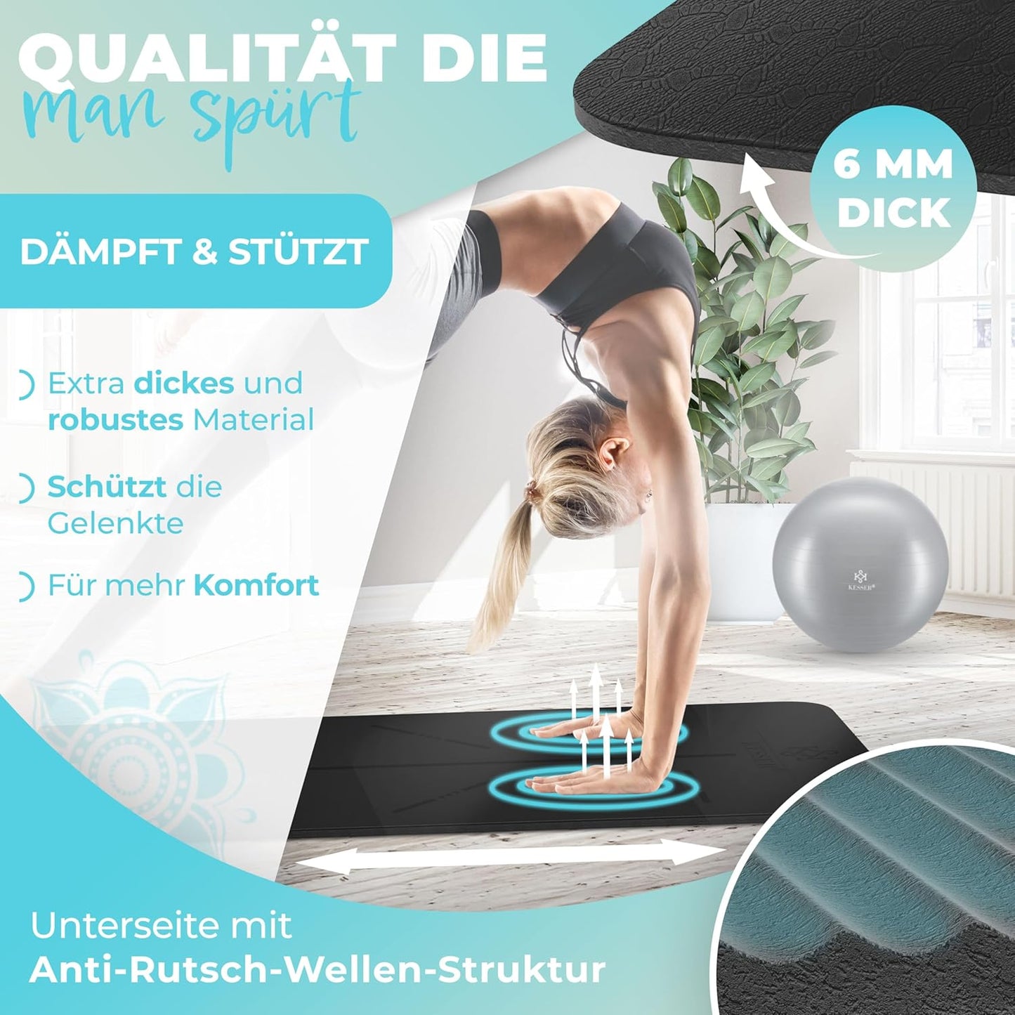 Gymnastikmatte + Tragegurt rutschfest TPE Yogamatte gepolstert, Schwarz / Schwarz