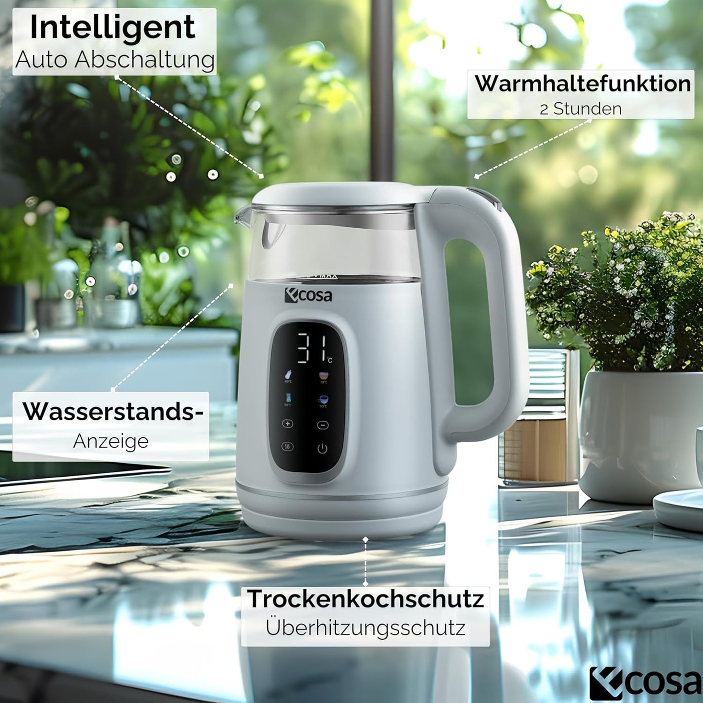 Wasserkocher mit Temperatureinstellung (1,7 Liter), Woldo White