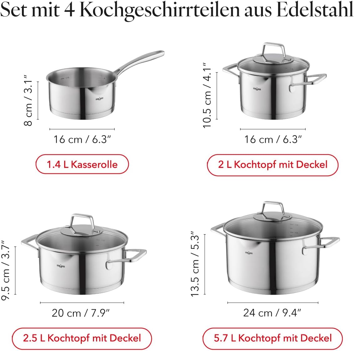 Kochtopf-Set mit Deckel, 7-teiliges Edelstahl-Set, Lumio 7-Teilig