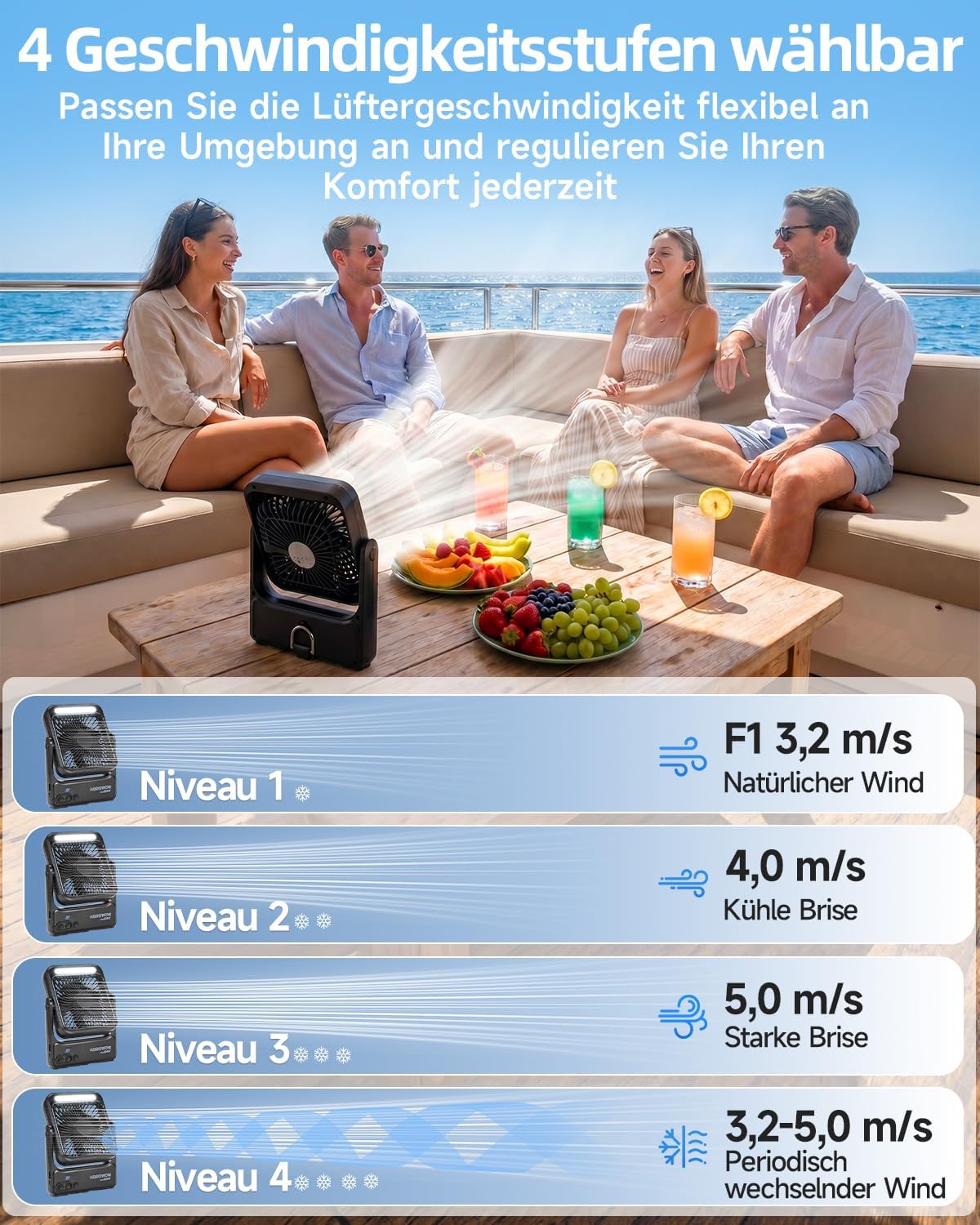 Akku-Tischventilator YH-F151 mit LED & Powerbank-Funktion, L