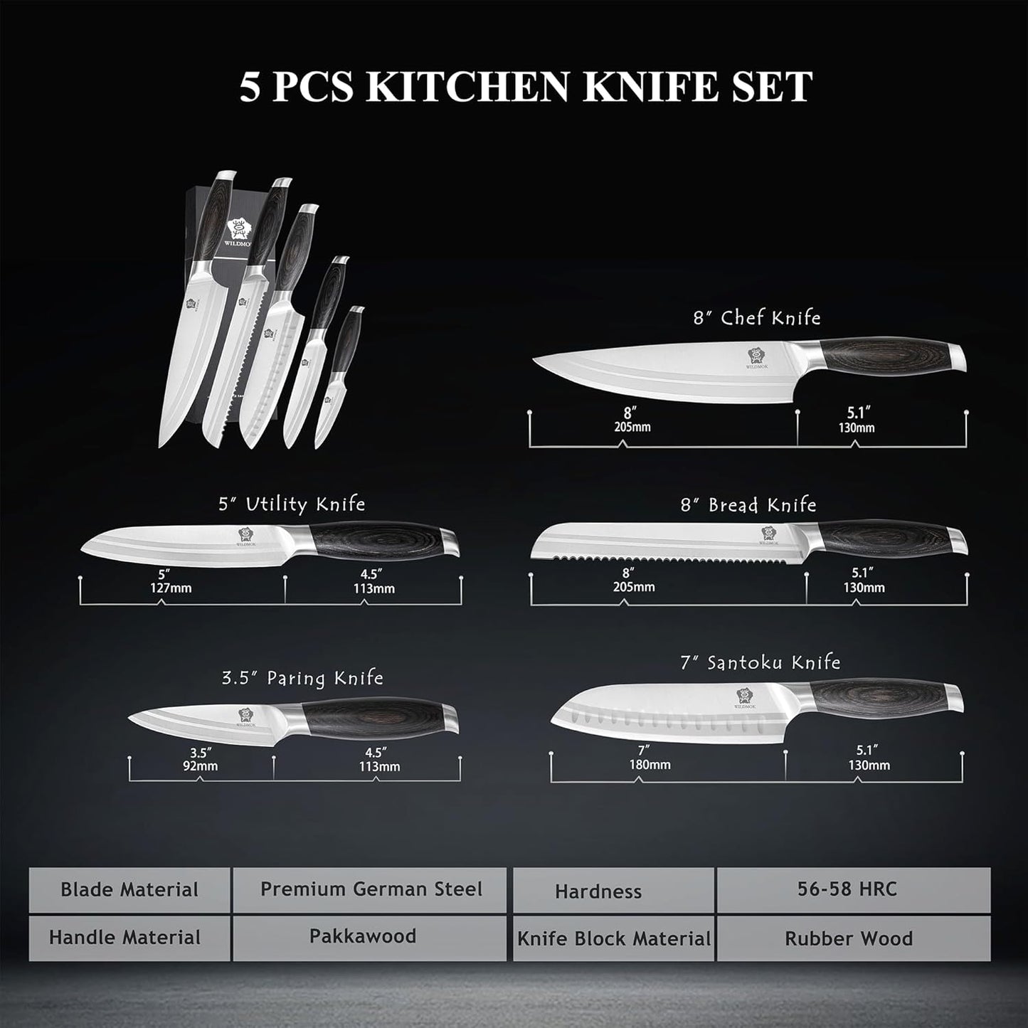 5-teiliges Profi-Messerset, 5-teiliges Kochmesser-Set