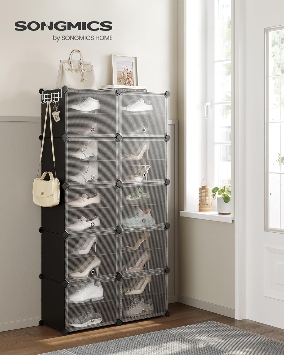 Schuhregal mit 10 Fächern für 40 Paar Schuhe, Tintenschwarz + Transparent 10 Fächern (83B x 156H cm)