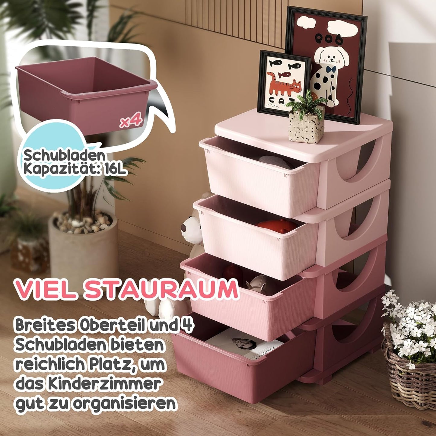 Schubladenschrank Kunststoff Rosa, 37L x 37B x 76H cm Rosa
