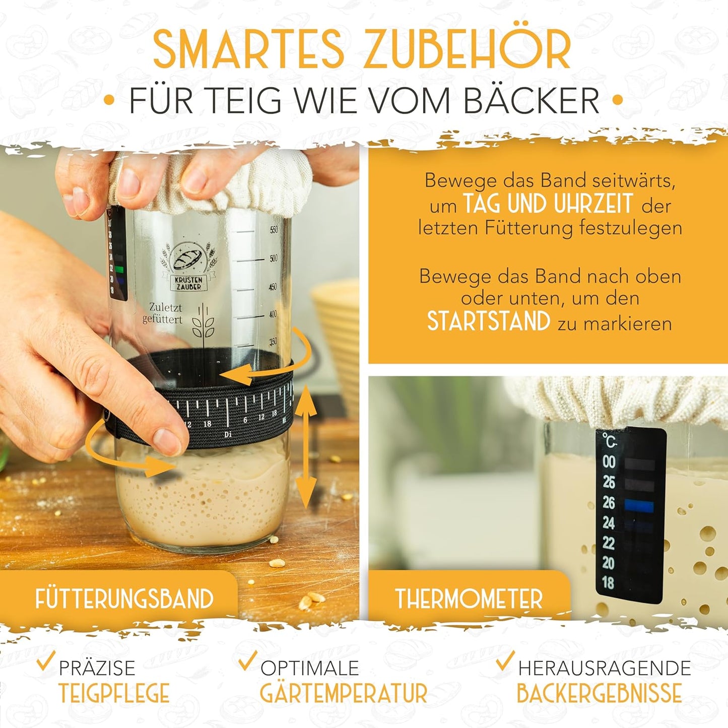 Sauerteig Starter Set mit Gärglas Spatel u. Thermometer, 1x600ml, Sauerteig Starter Set
