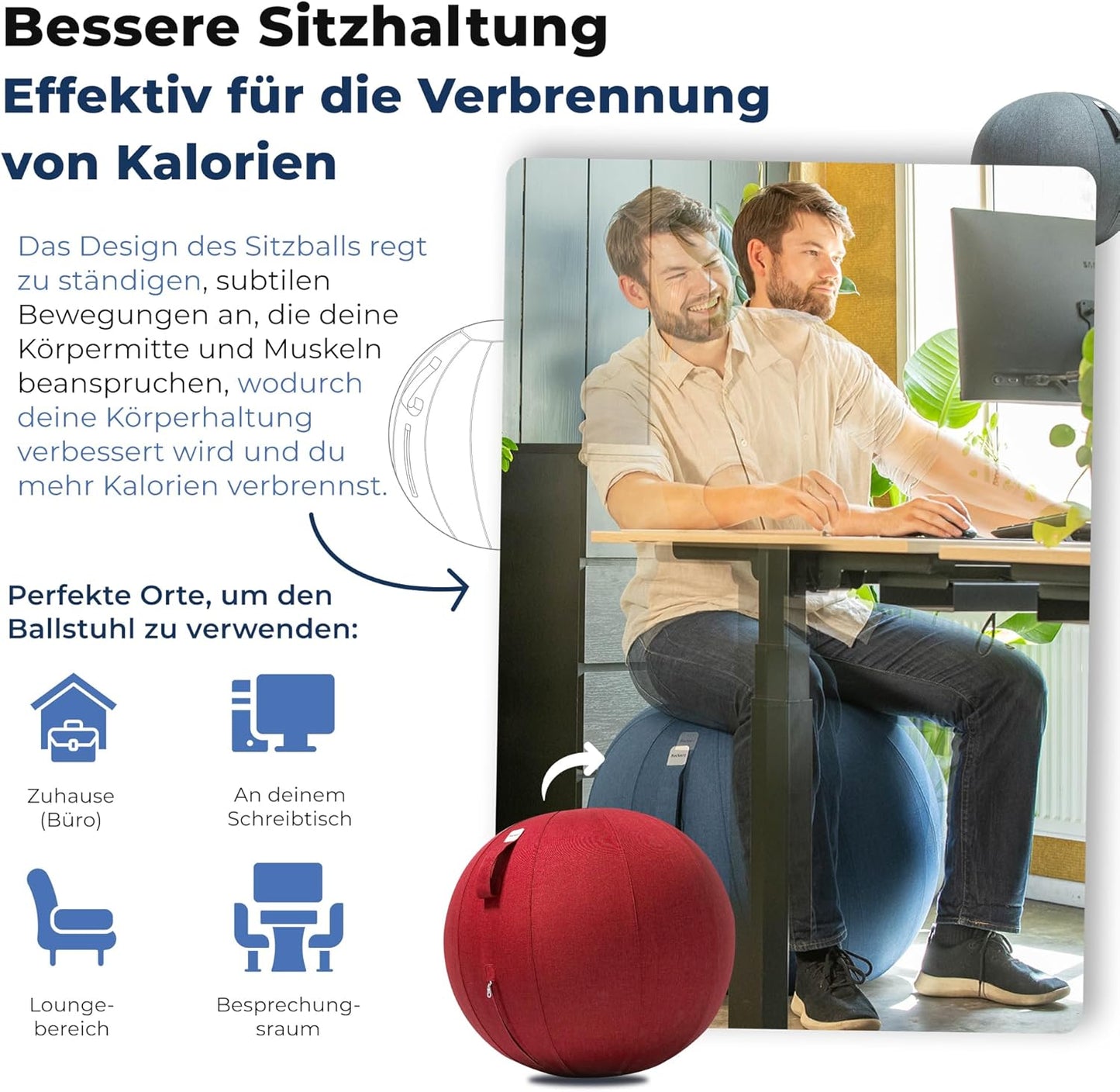 Ergonomischer Sitzball für Büro und Homeoffice, 65 cm Rot