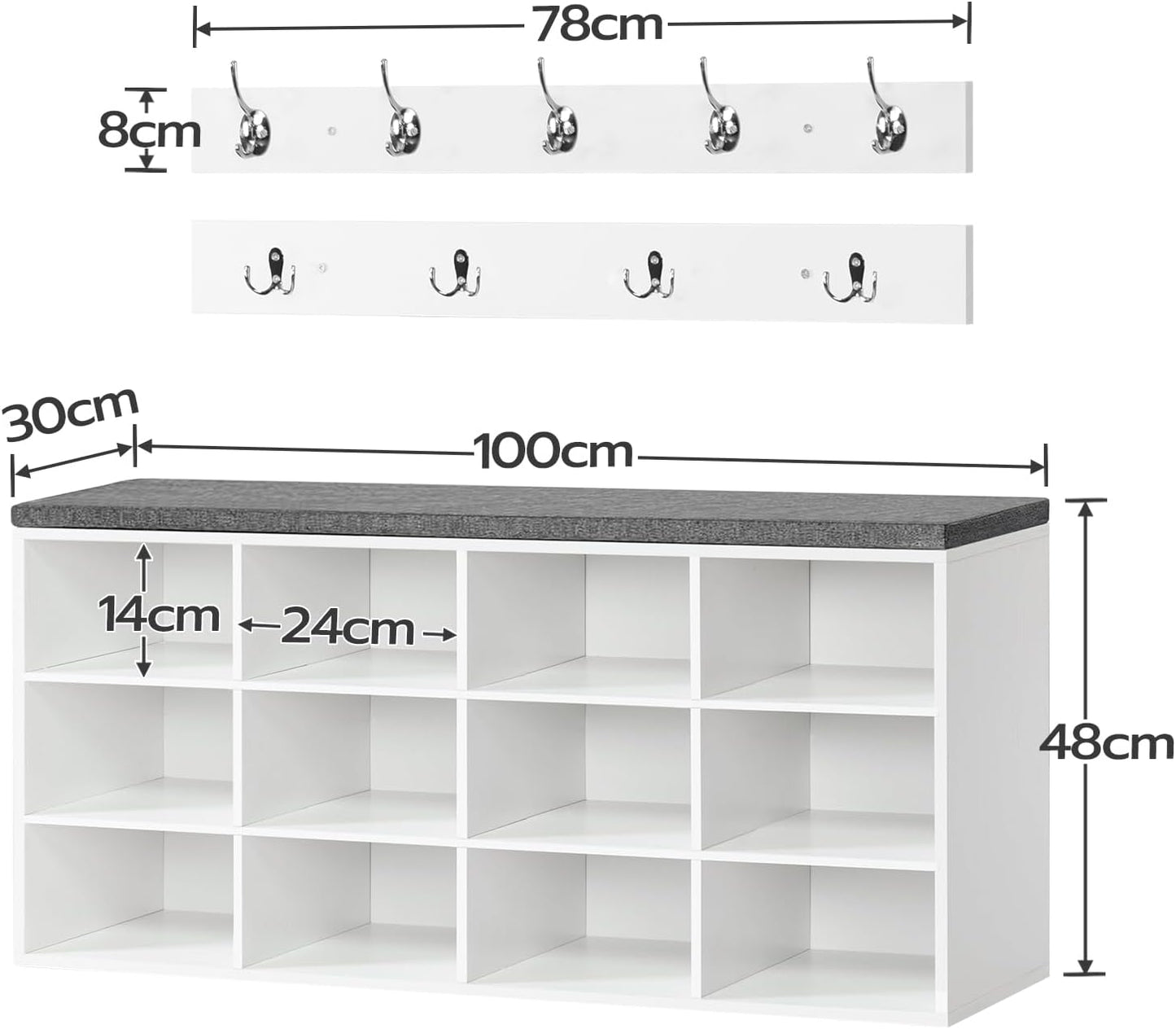 Garderobe-Schuhregal-Set mit Schuhbank und Hakenleiste, Weiss + Grau 100 x 30 x 48 cm (L x W x H)