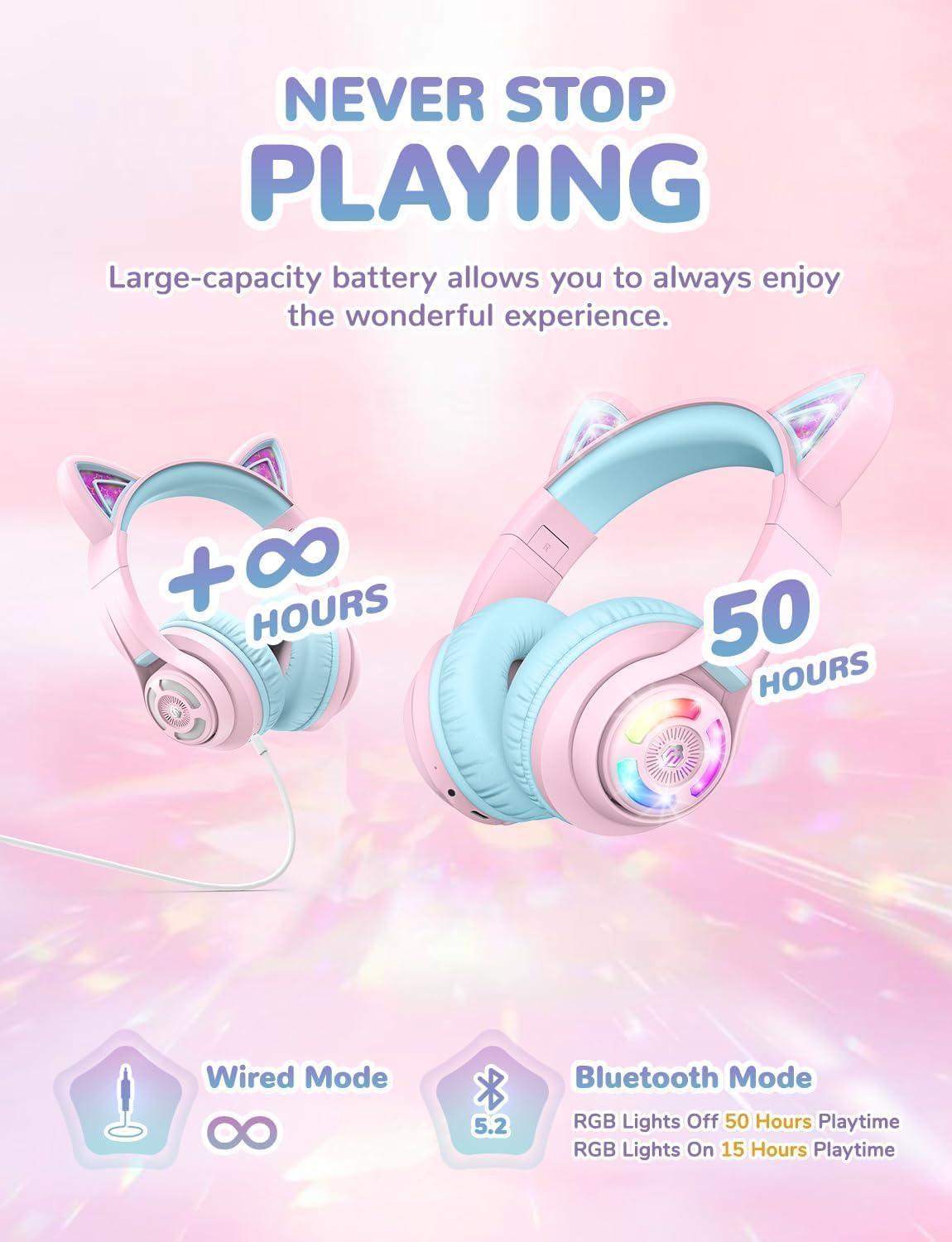 Bluetooth-Kinderkopfhörer mit LED-Katzenohren, Rosa