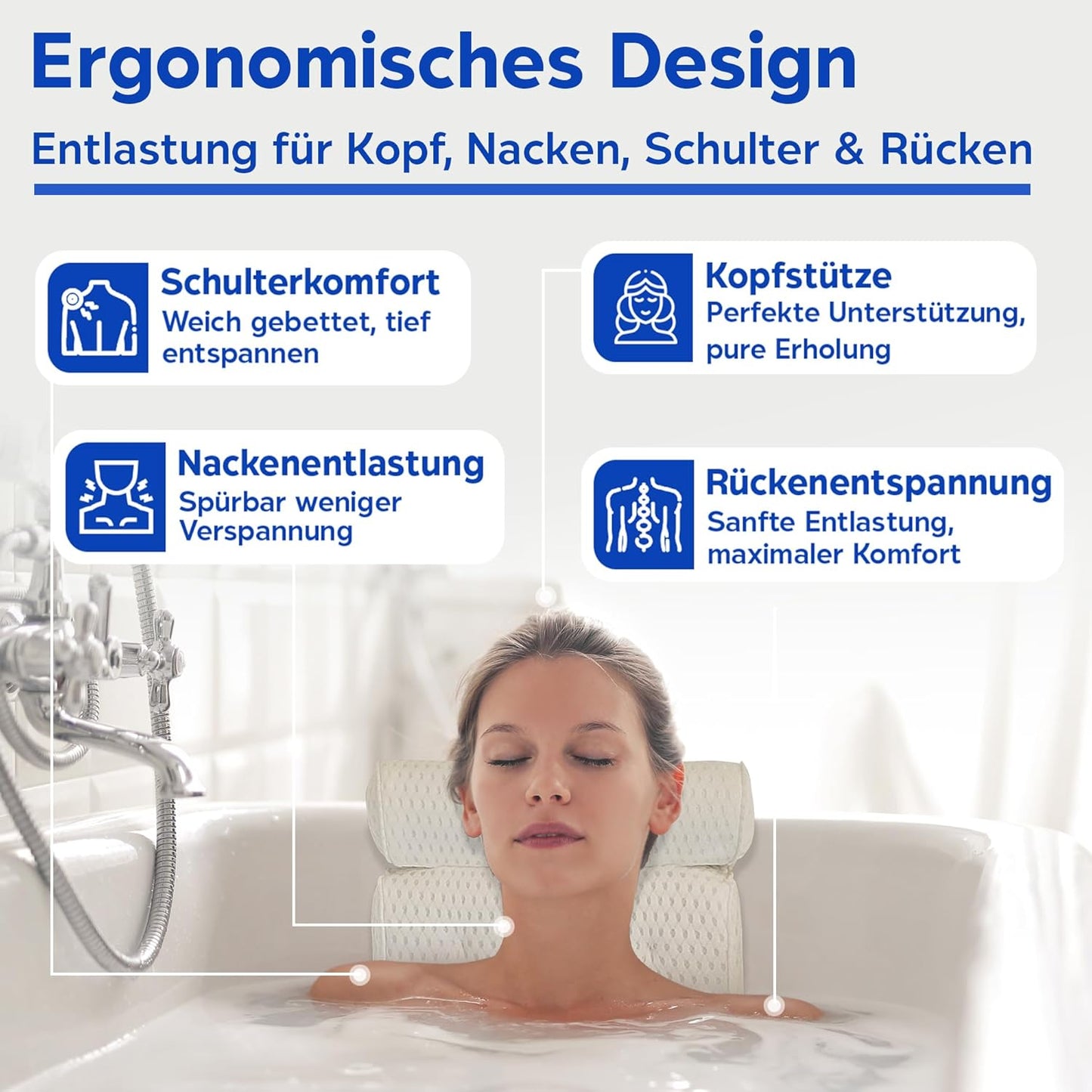 Ergonomisches Badewannenkissen mit Saugnäpfen, Weiss extra dick
