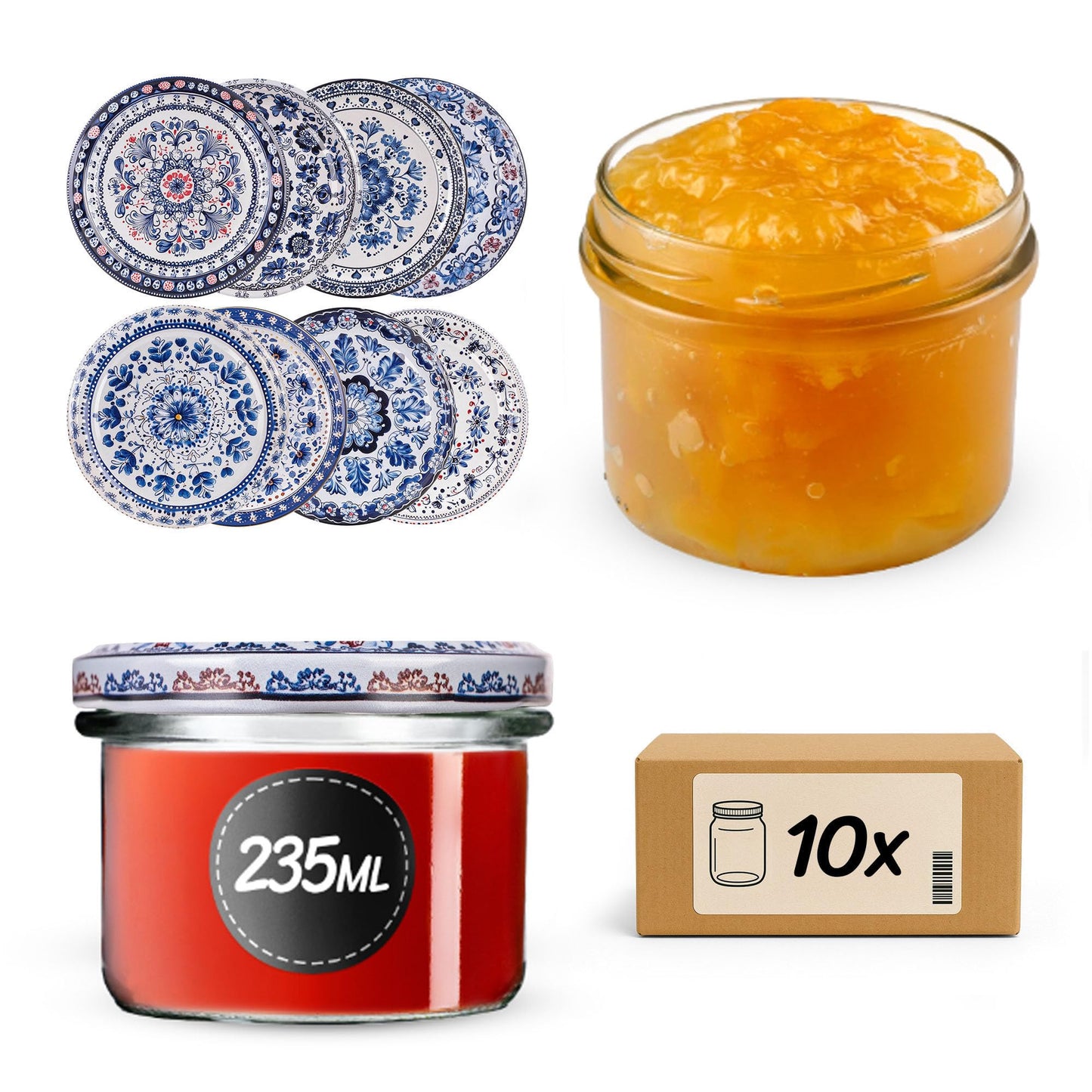 10er Set Marmeladengläser mit Schraubdeckel, Blau/Weiss 10 Stück