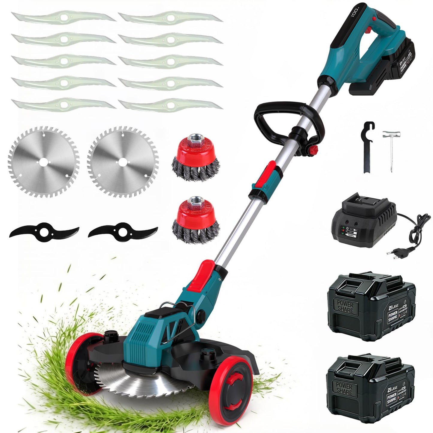 3-in-1 Akku Rasentrimmer mit Unkrautbürste, Blau