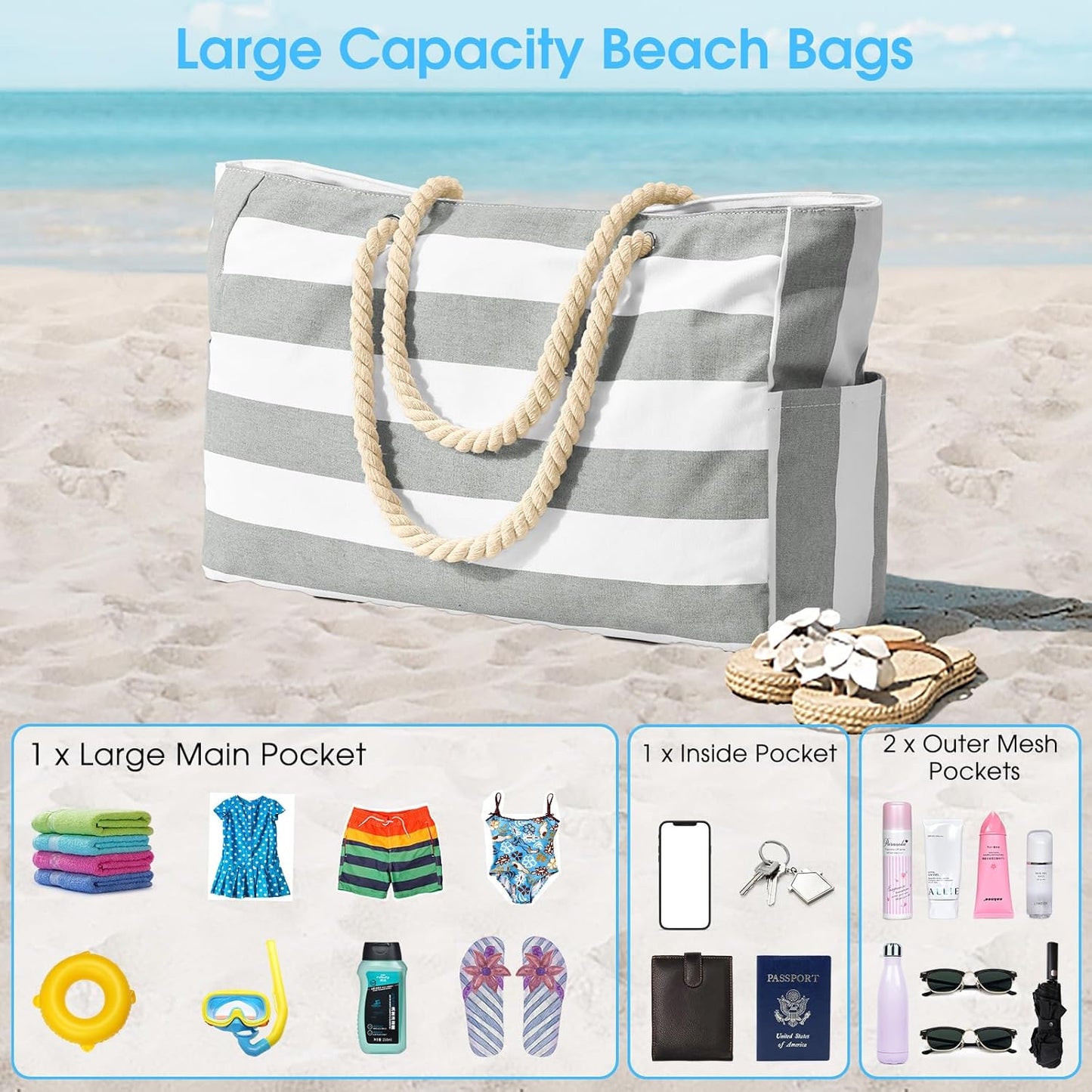 Wasserdichte Strandtasche mit Reissverschluss, Hellgrau