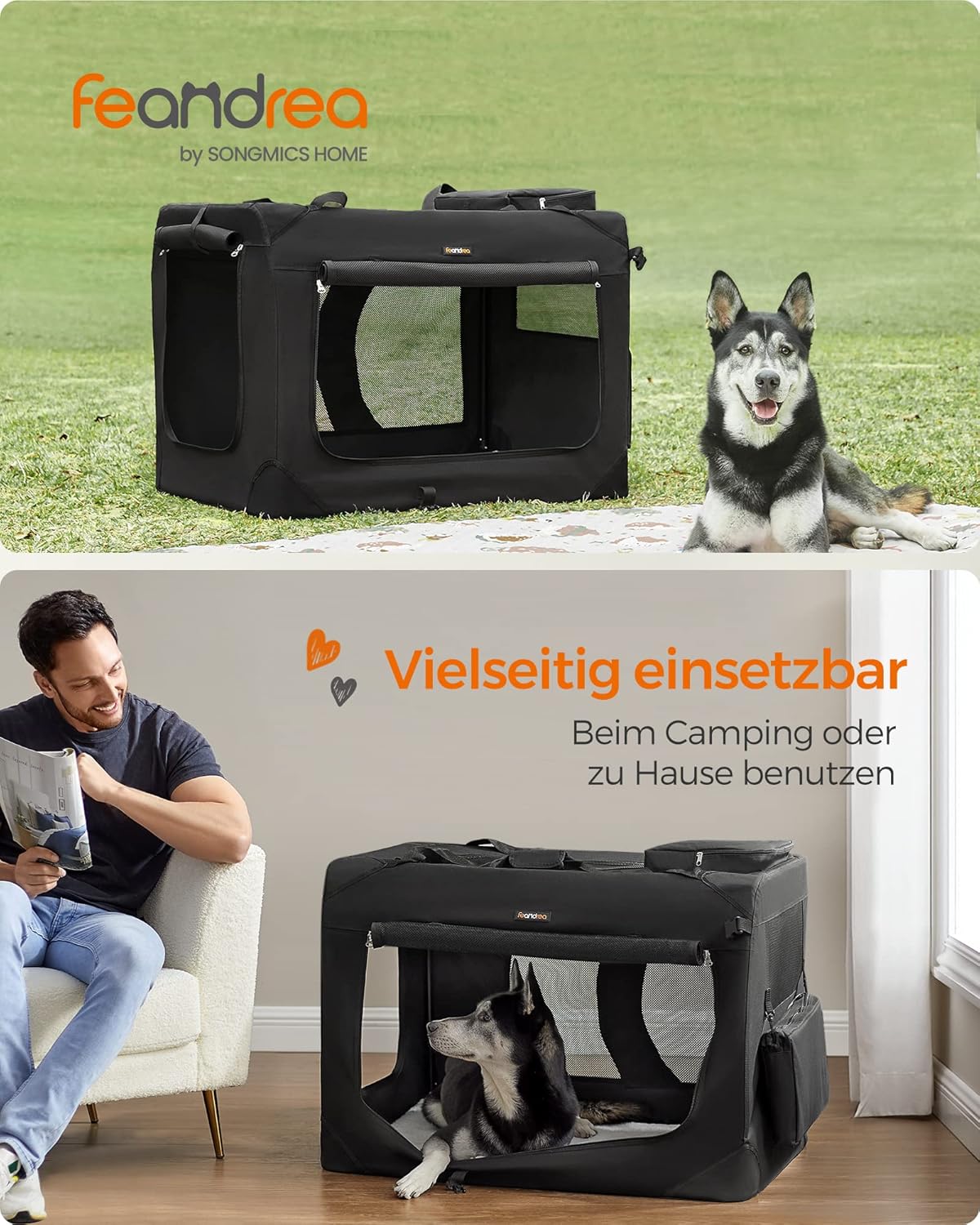 Faltbare Hundetransportbox XXL inkl. 2 Taschen, L 91 x B 63 x H 63 cm Schwarz