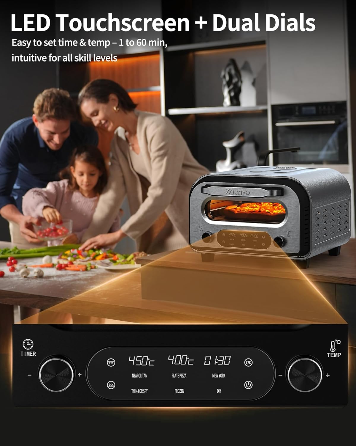 Elektrischer Pizzaofen mit 5 Programmen & Zubehör, mit Pizzaschieber&Pizzastein&Rezepten Silber