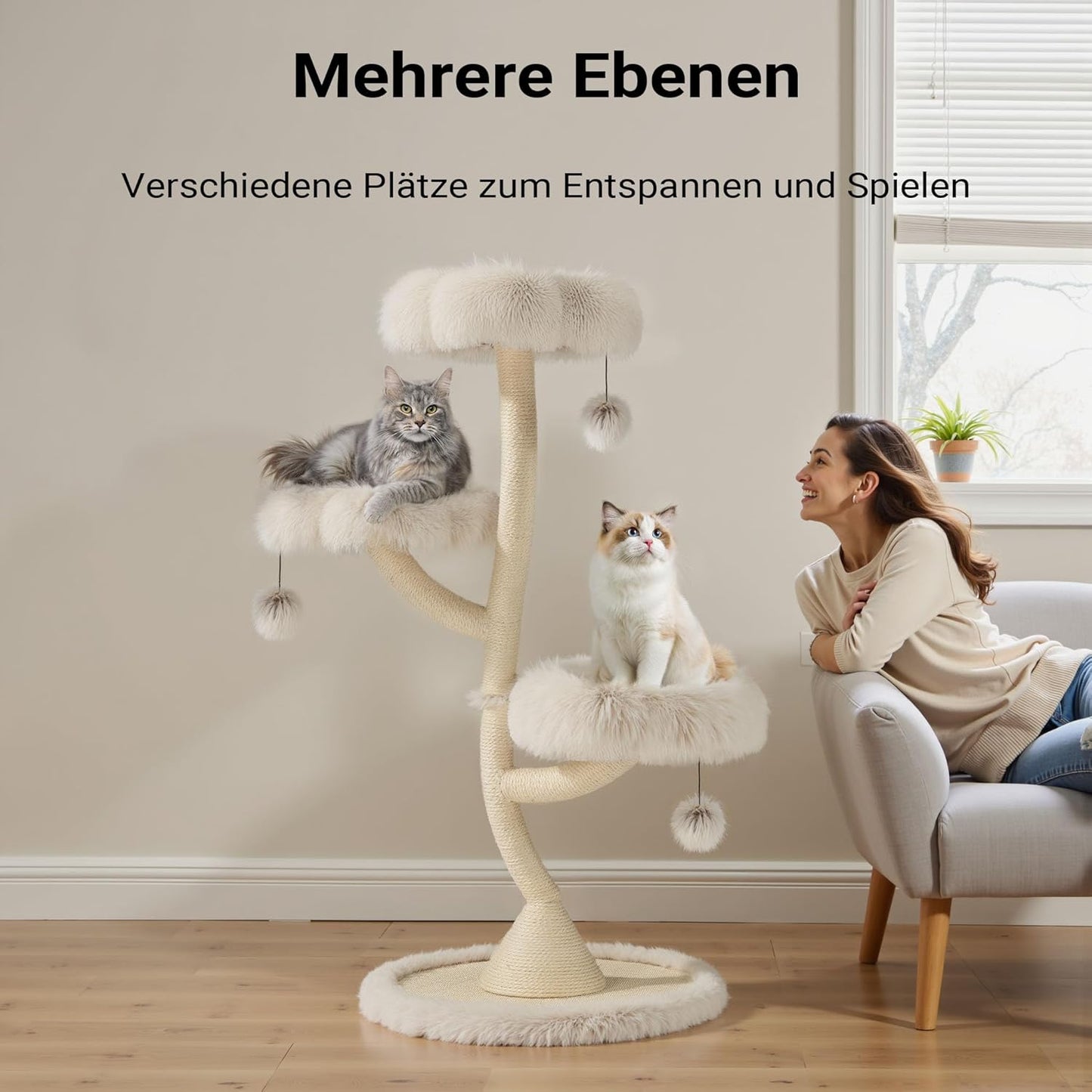 Designer Kratzbaum mit 3 Mulden, 3 Etagen, 125 cm