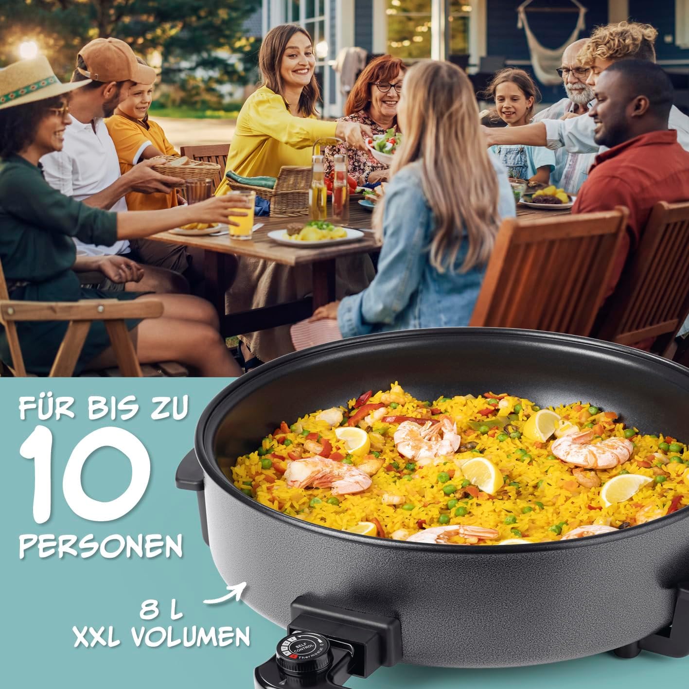 Elektrische Pizza-Pfanne mit Thermostat & Glasdeckel, ⌀ 42 cm | 8 Liter