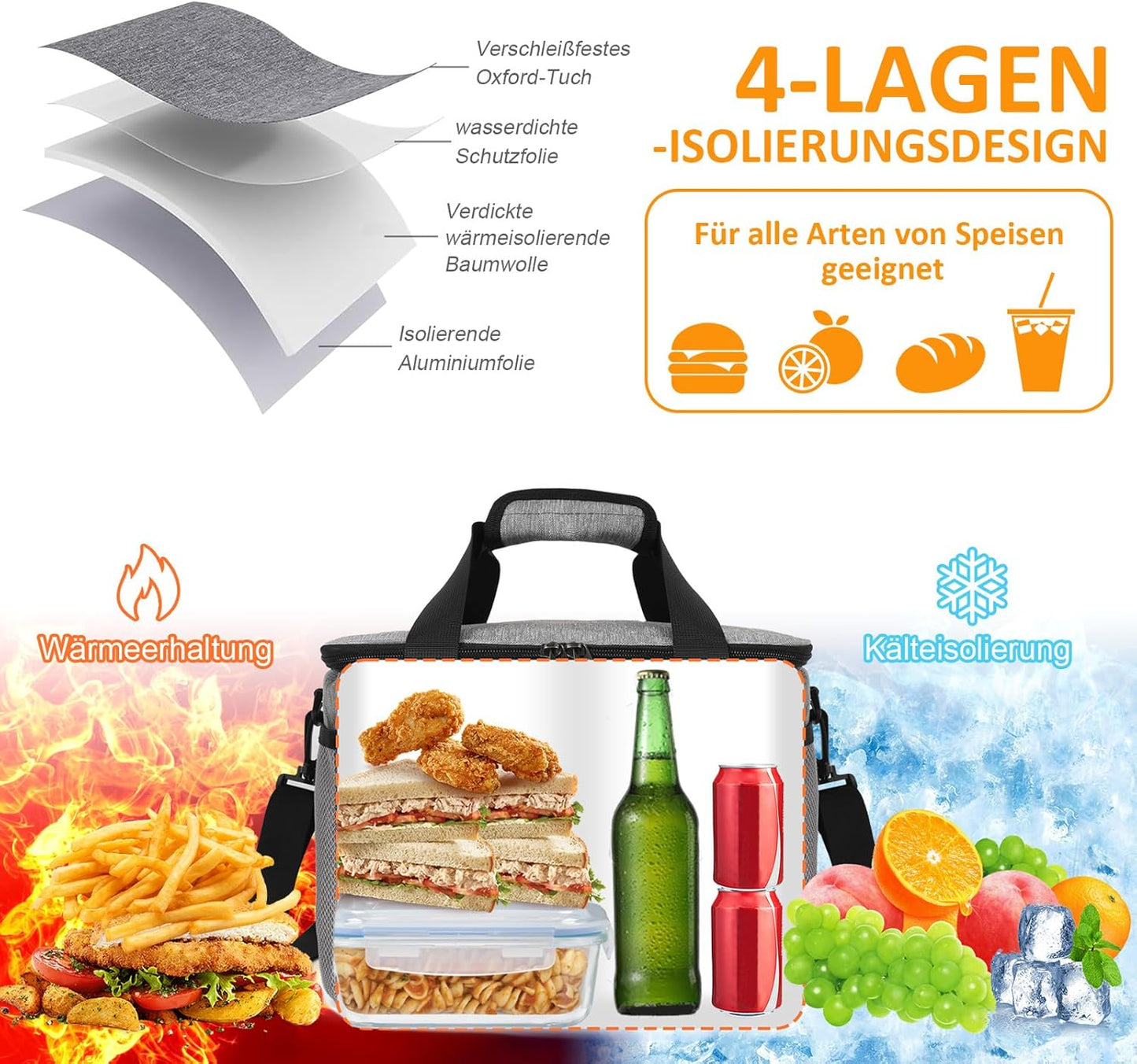 Faltbare Kühltasche mit Reissverschluss, Grau 15L