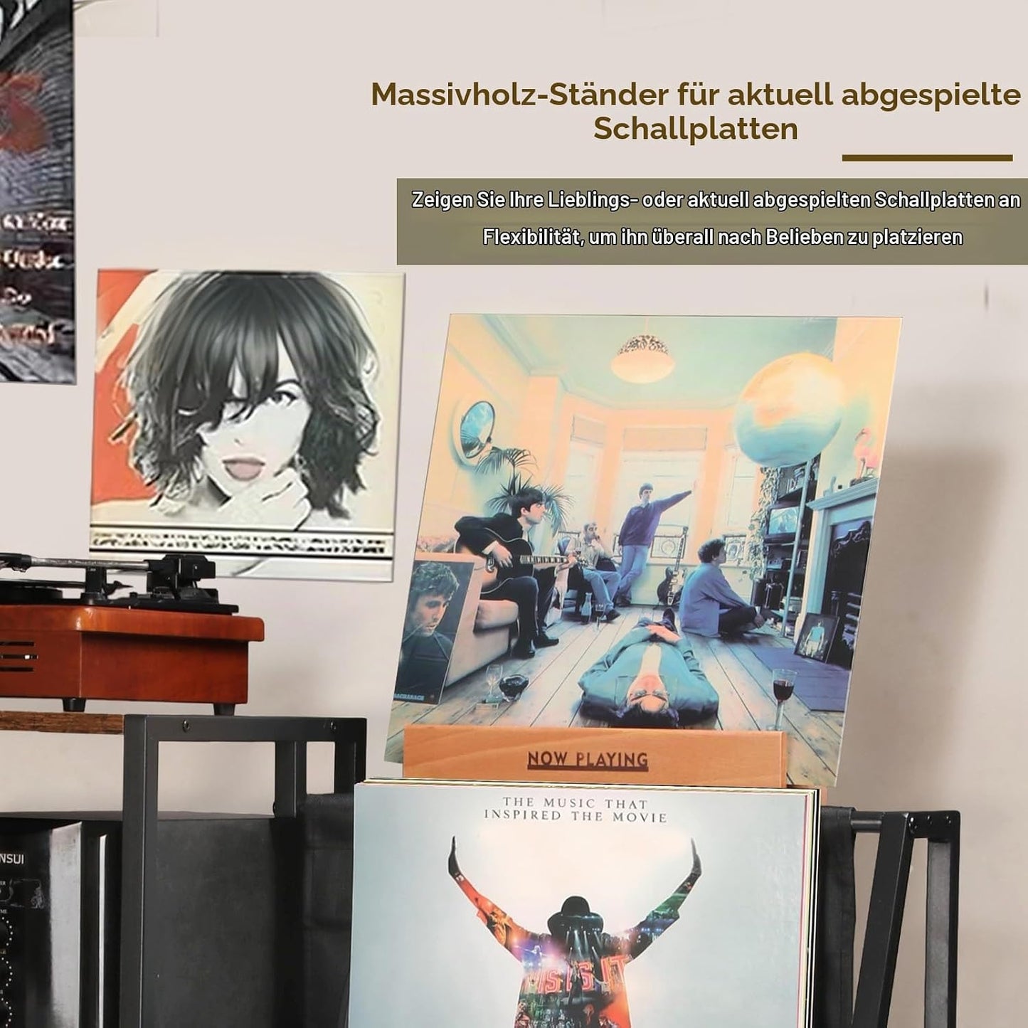 Plattenspieler-Tisch mit Vinyl-Aufbewahrung, Rustikales Braun+schwarz