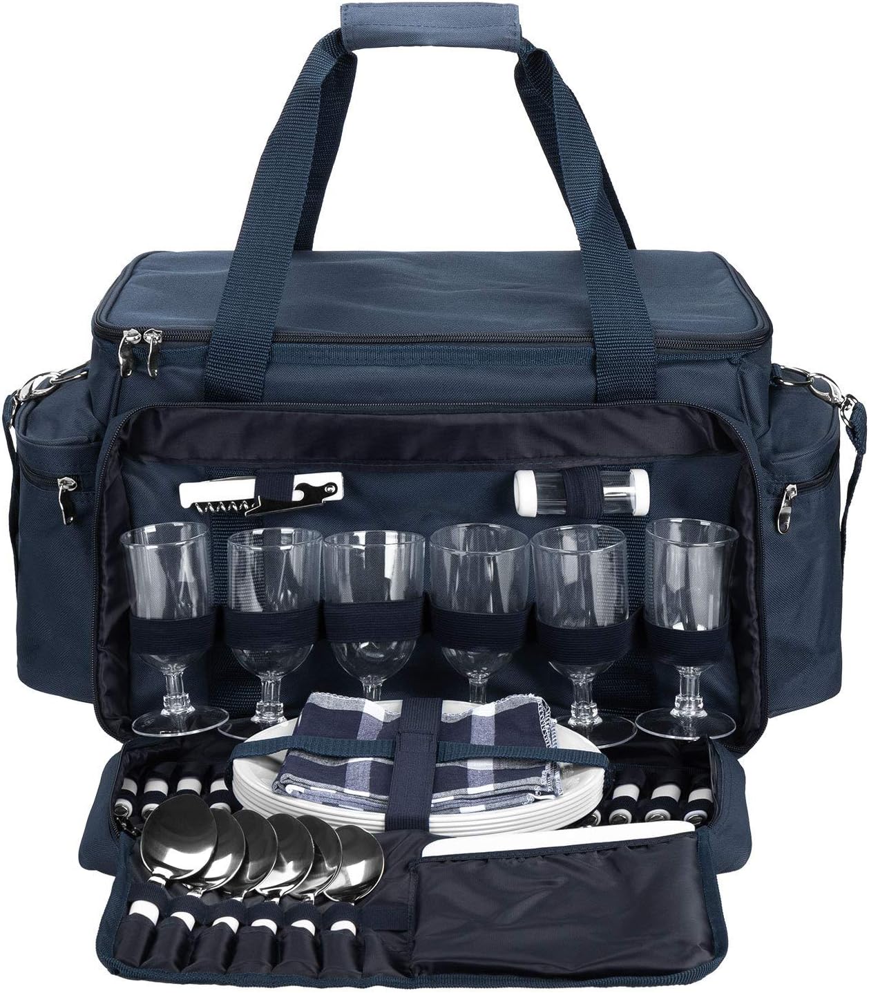 XXL Picknicktasche Set für 6 Personen (57-teilig), Navy Blau Weiss