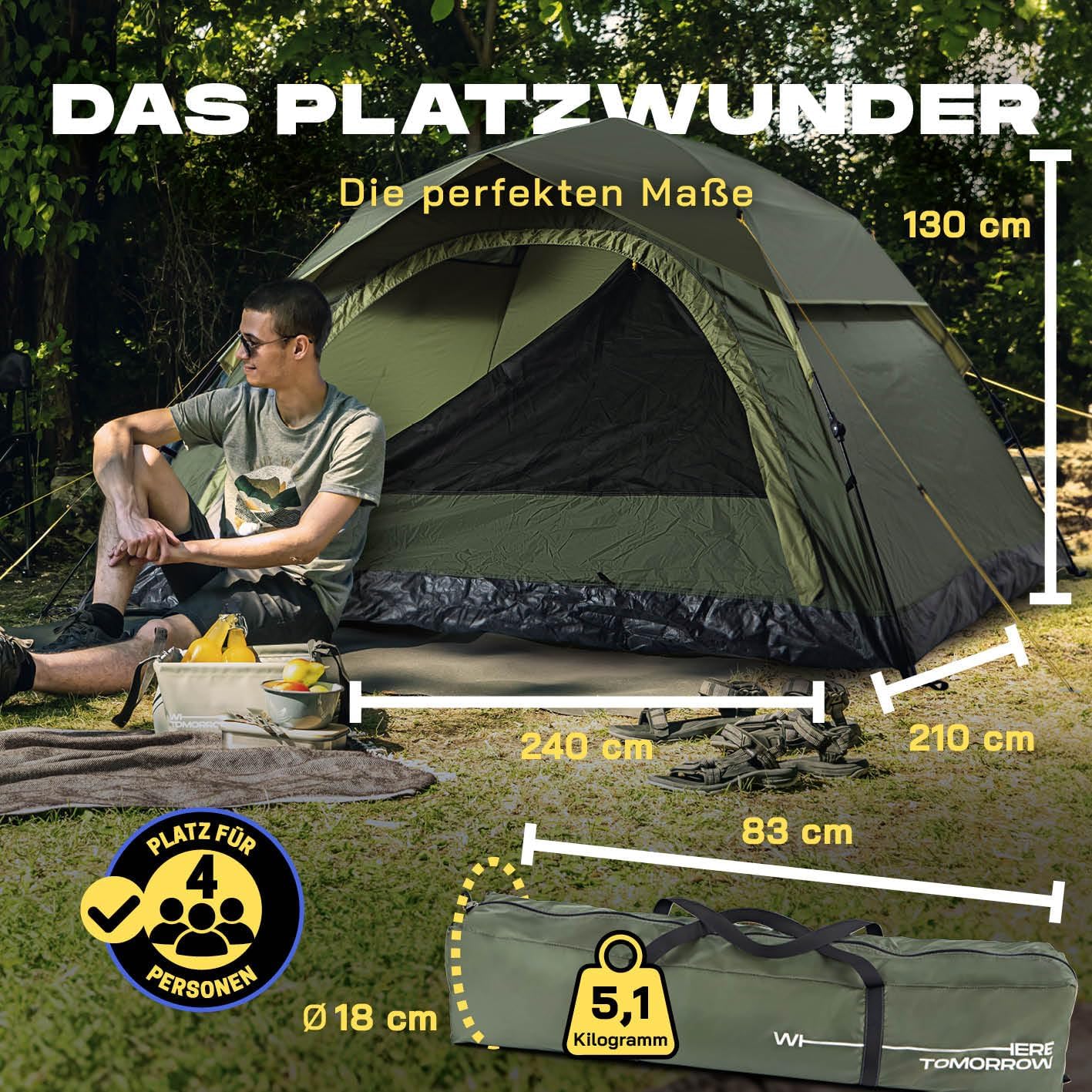 Kuppelzelt für 4 Personen, Dunkelgrün 4 Personen | 1 Eingang