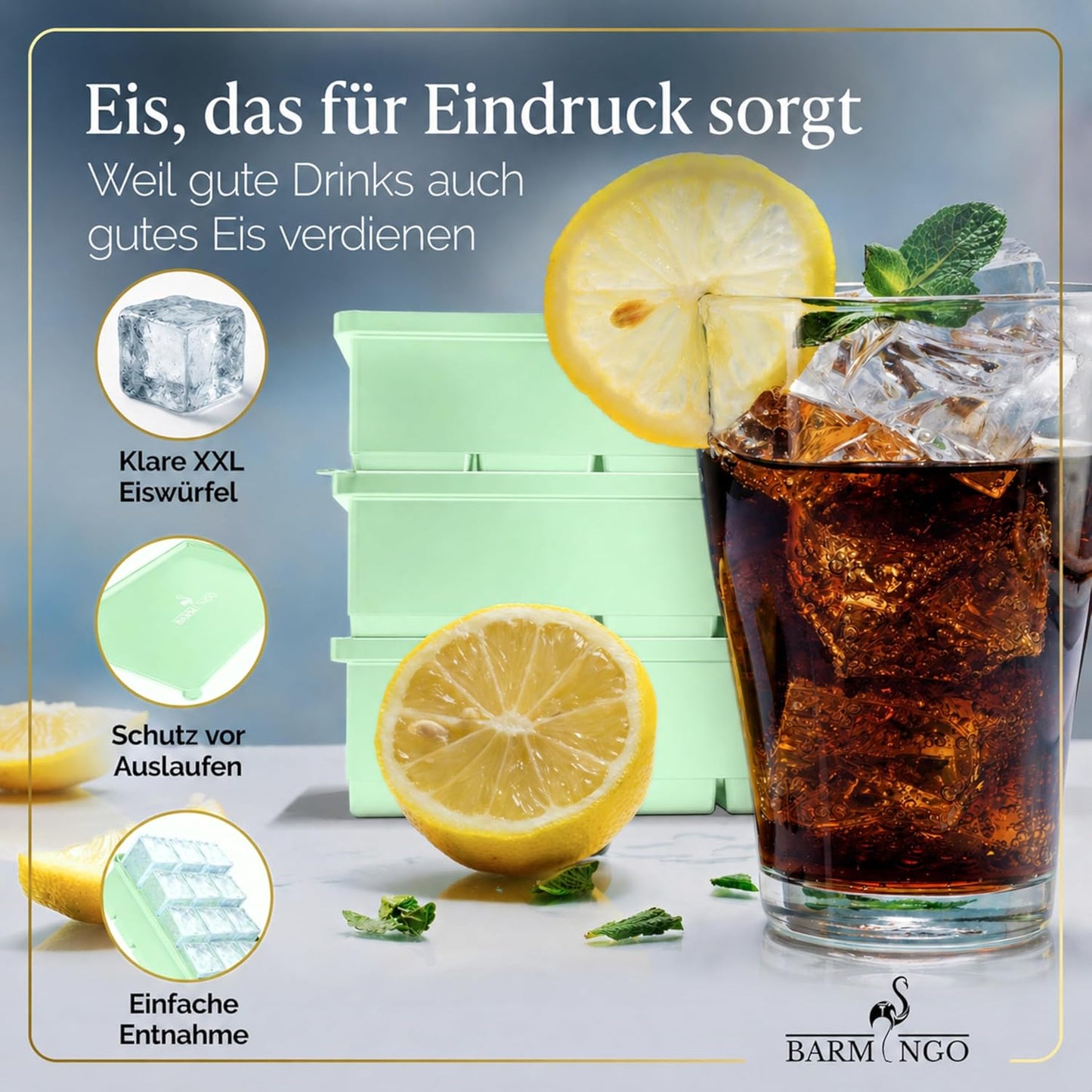 3er Set Eiswürfelform mit Deckel, 15 XXL Würfel Pastell Grün 3