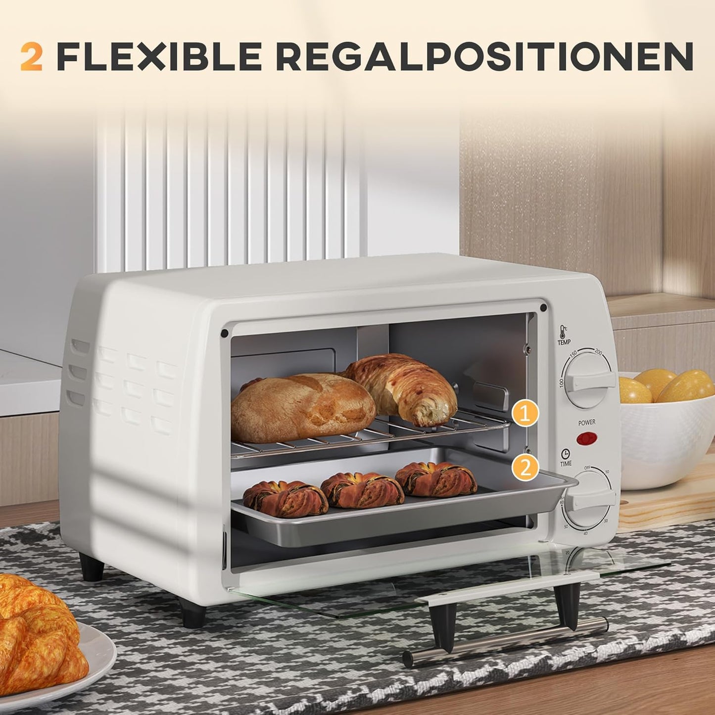 Kleinbackofen mit Timer und Zubehör, Cremeweiß
