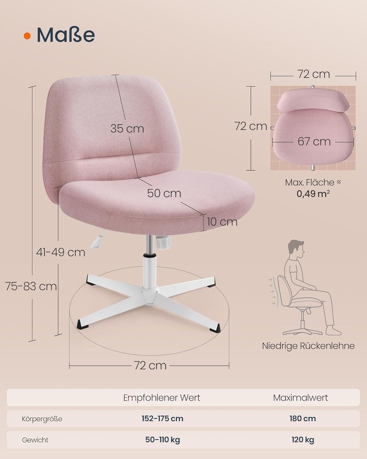Höhenverstellbarer Schneidersitz-Schreibtischstuhl, Pastellrosa Ohne Rädern
