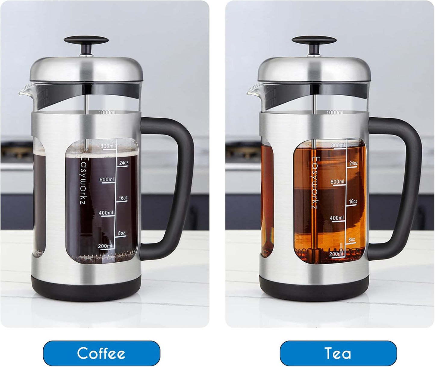 Kaffeebereiter mit Edelstahlpresse (1000 ml), Silber 1000ml