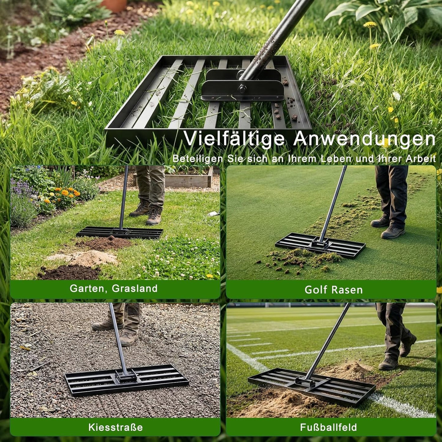 Rasen-Nivellierungsrechen mit verstellbarem Stiel, 198cm 76x25cm