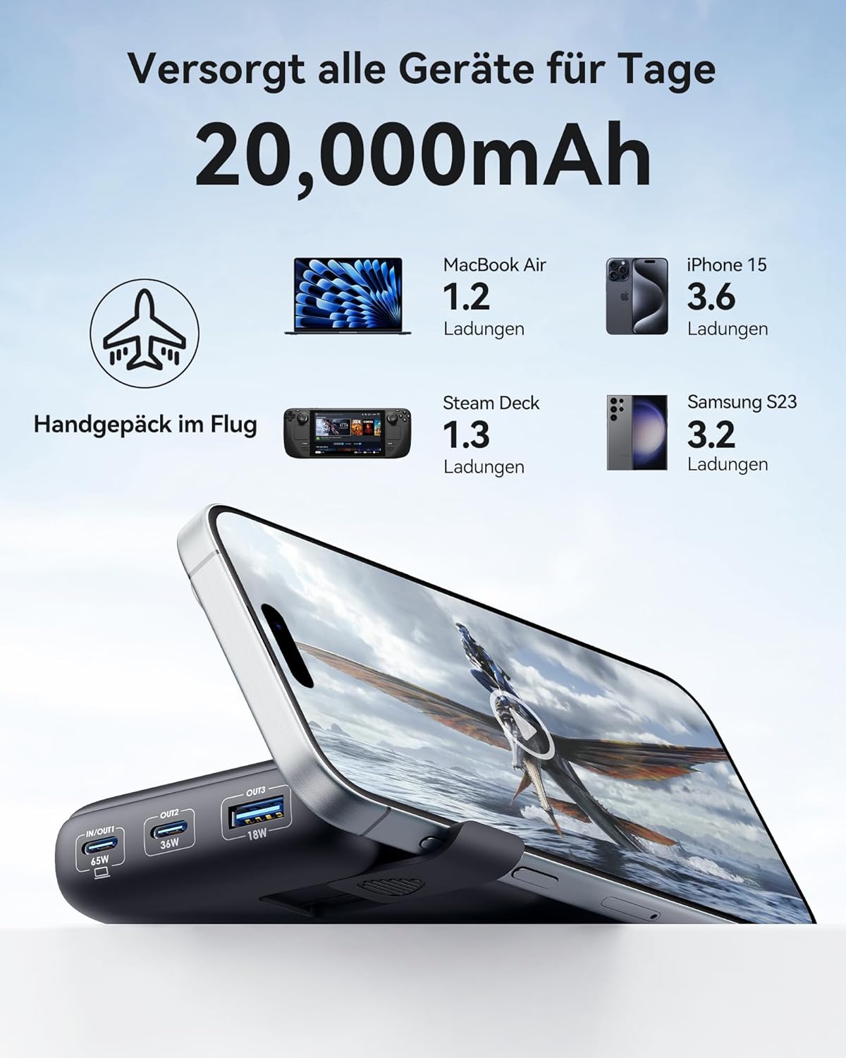 Powerbank 20000mAh, Klassische Grösse ; Schwarz