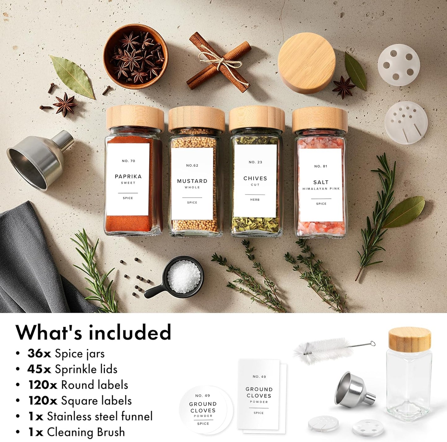 36er-Set Gewürzgläser mit Bambusdeckel und Zubehör, 36x Bamboo Jars White Stickers