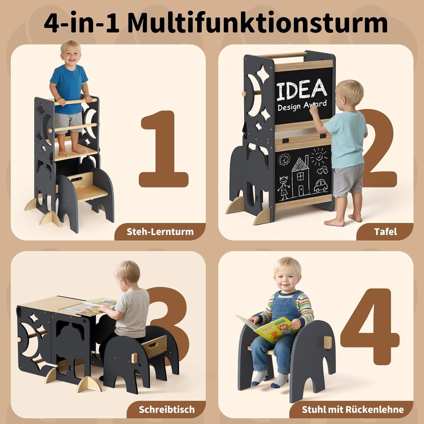 4in1 Lernturm mit Doppeltafel & Schreibtisch, Schwarz