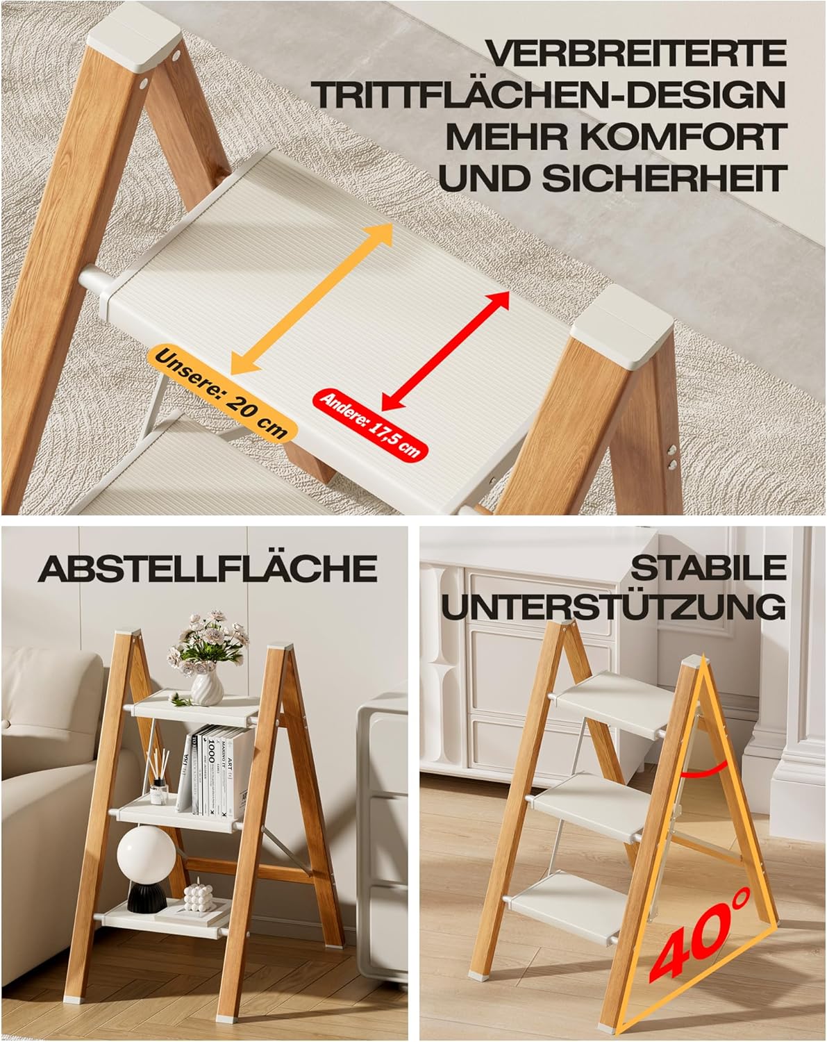 Klappbare Trittleiter 3 Stufen, 150 kg Kapazität, Weiss Holz Optik 3 Stufen