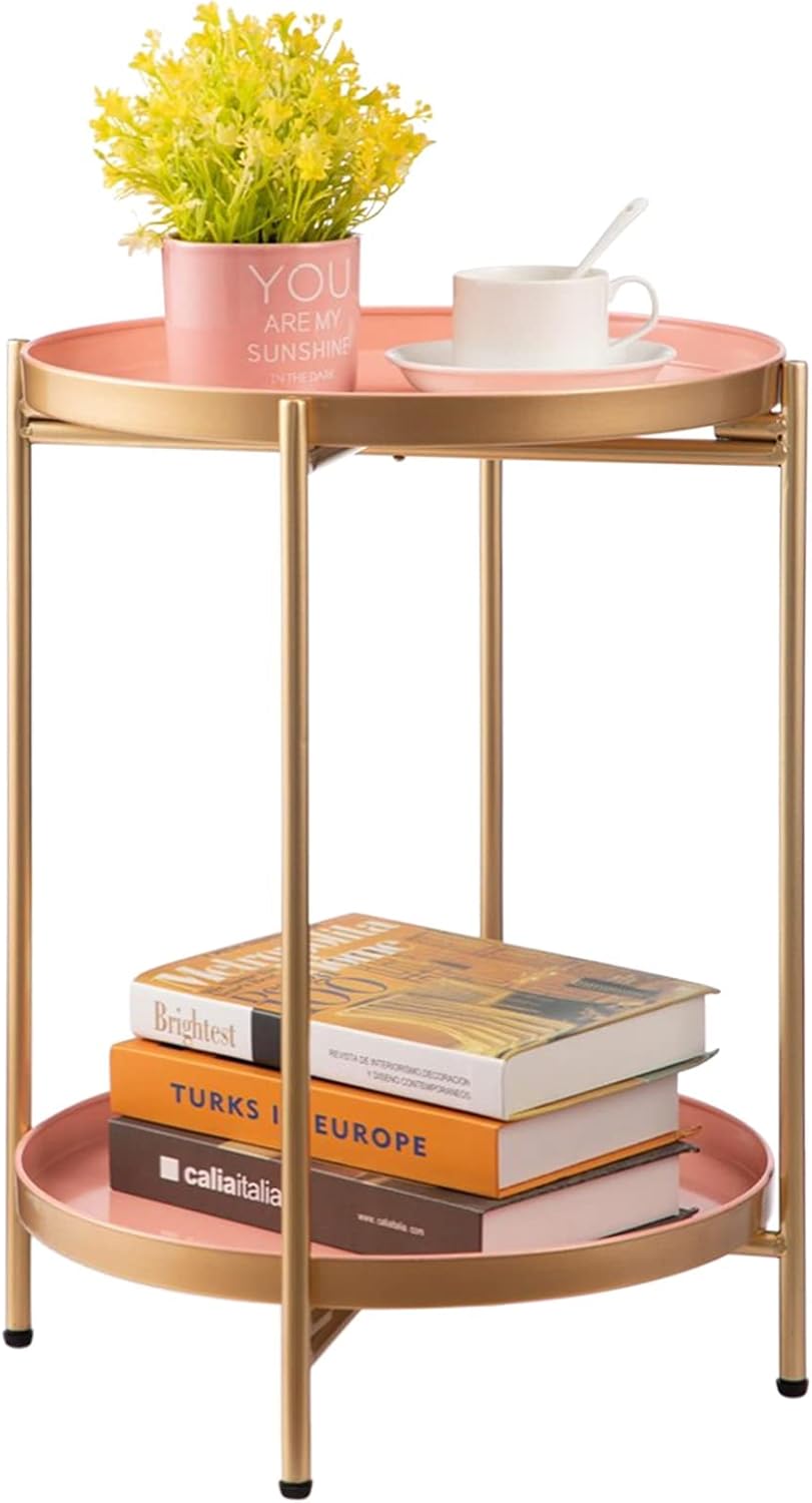 Runder Metall-Beistelltisch mit 2 Ebenen, Goldener Rosa