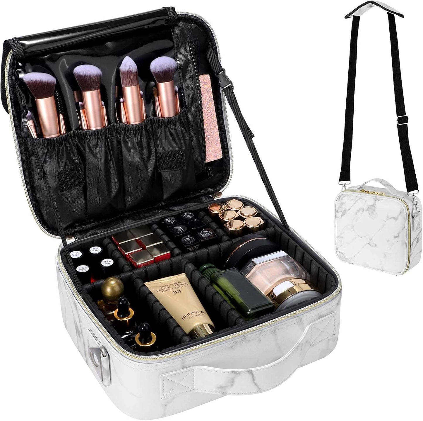 Kosmetiktasche Schminkkoffer mit Trennwänden, S Marble White
