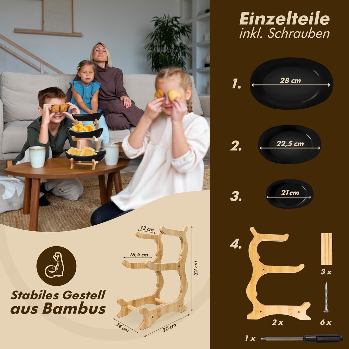 Obst Etagere 3-stöckig mit Bambusständer, Schwarz