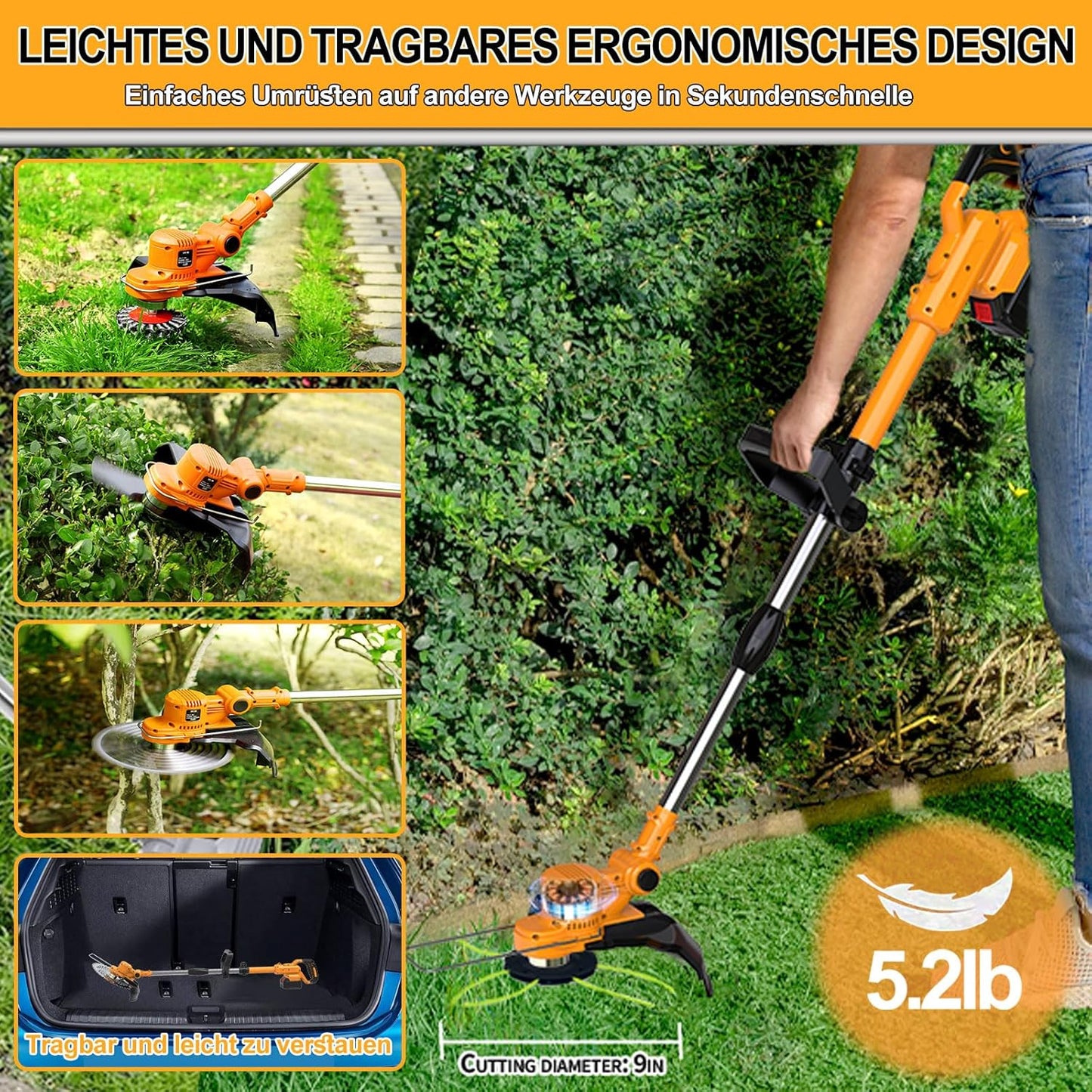 4-in-1 Akku-Rasentrimmer mit Unkrautbürste, orange