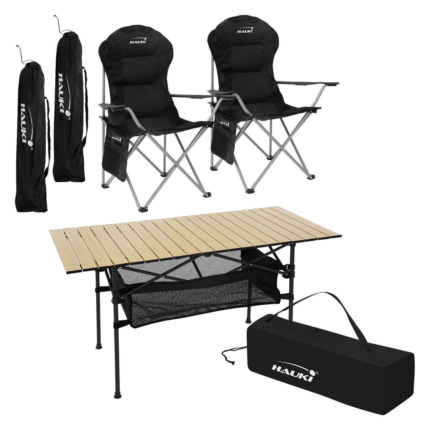 3-teiliges Campingmöbel-Set faltbar, mit Tragetasche, Campingtisch Beige 2x Campingstuhl Schwarz
