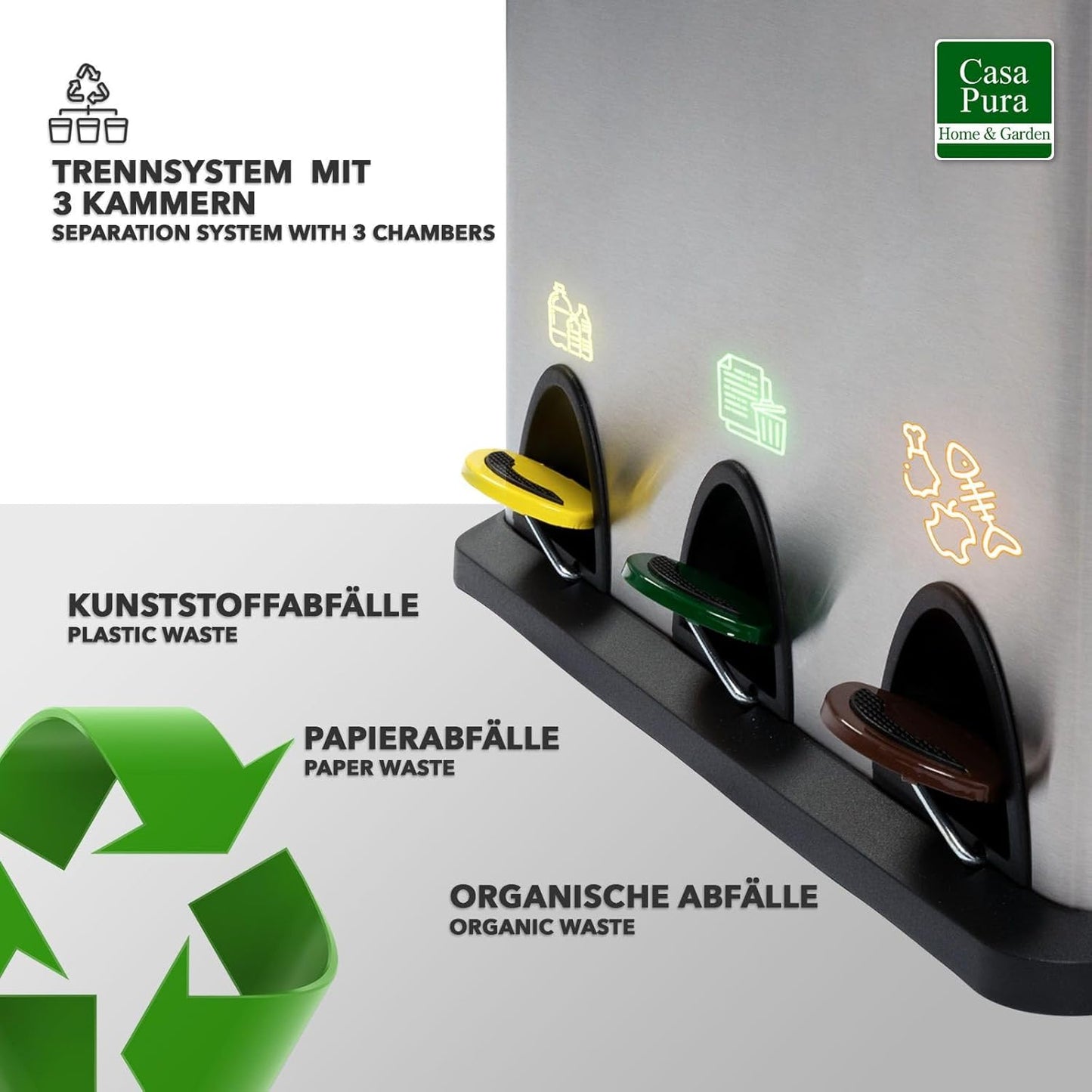 3-Kammer-Mülleimer inkl. 15 Müllbeutel, 3 Kammern | 24 Liter