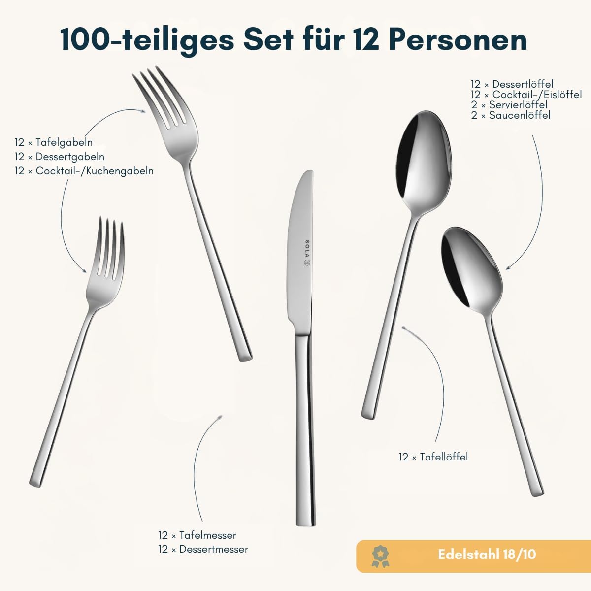 100-teiliges Luxor Besteck-Set für 12 Personen, 12 Personen - 100 Teile, Silberfarben