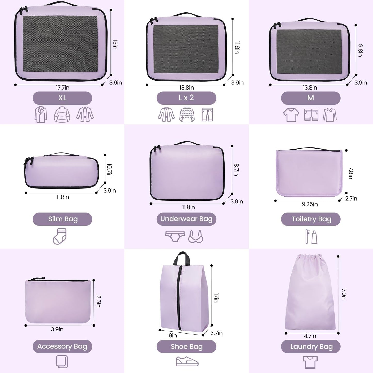 10-teiliges Kofferorganizer-Set, 10 Set, Lila