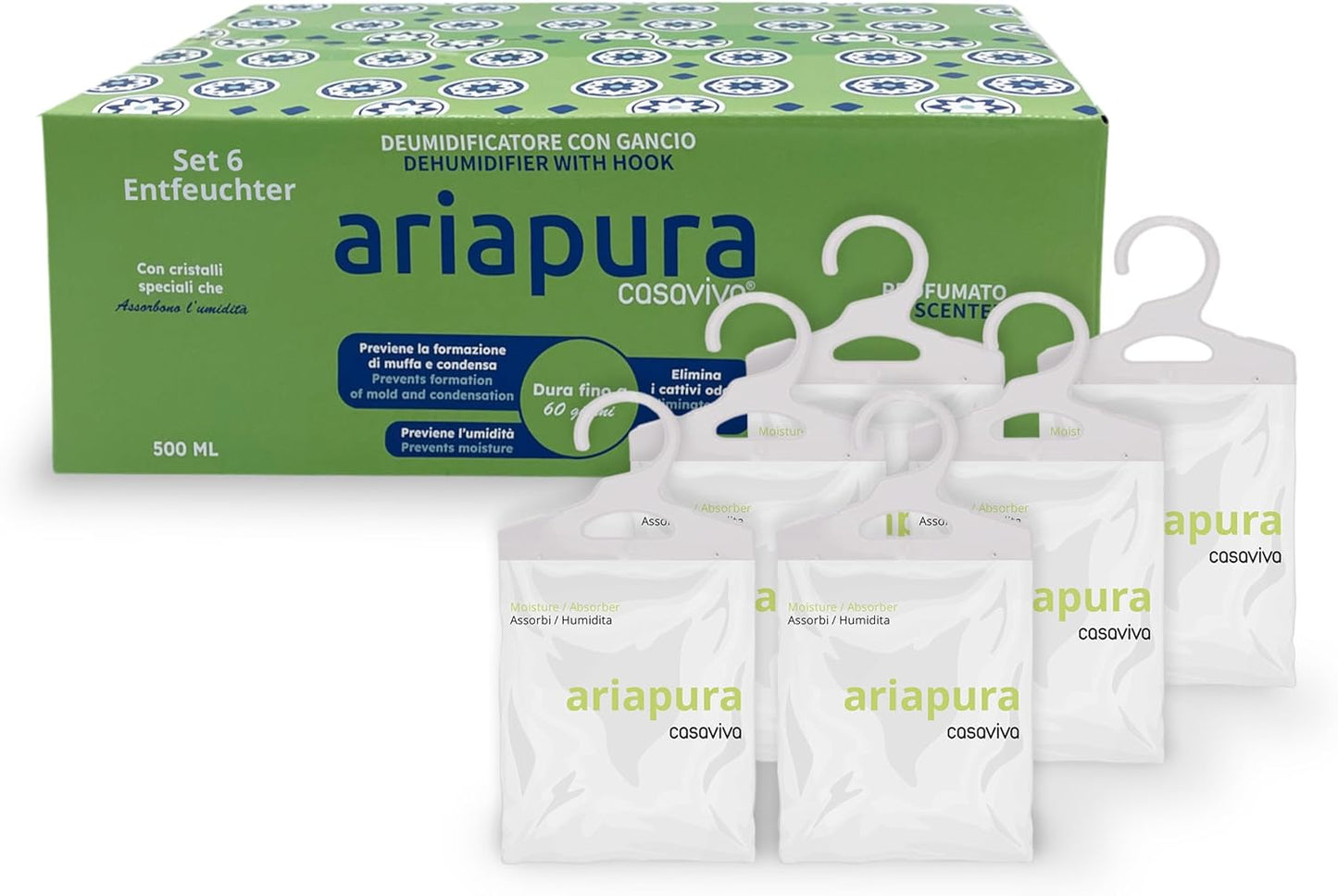 Luftentfeuchter mit Aromabeutel (6 x 500 ml), Beutel mit Haken 6 Pack mit 500 ml