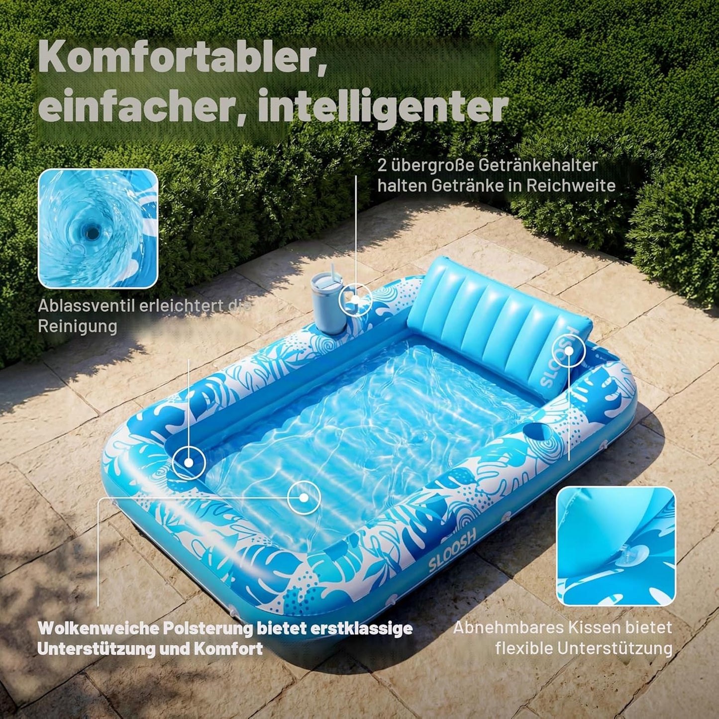 Aufblasbarer 4-in-1 Sonnenliegepool mit Kissen und Getränkehalter, Blau XL