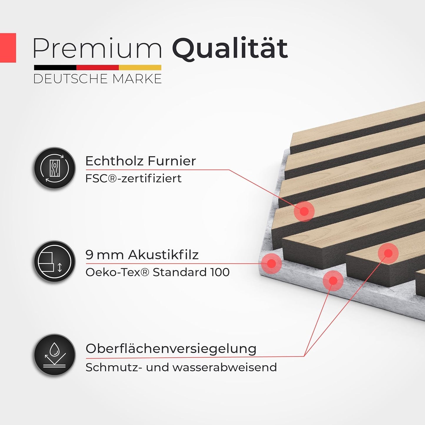 3er Set Akustikpaneele, 3 Stück | 30 x 26 x 2,1 cm Holzfurnier Eiche | Akustikfilz Grau
