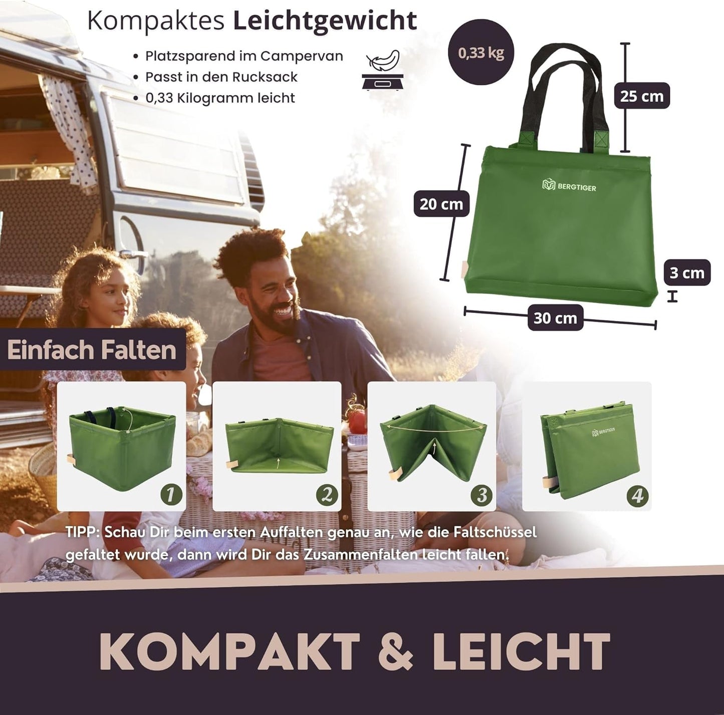 Faltbare Camping-Spülschüssel, Olivegrün / Khaki - 18 Liter