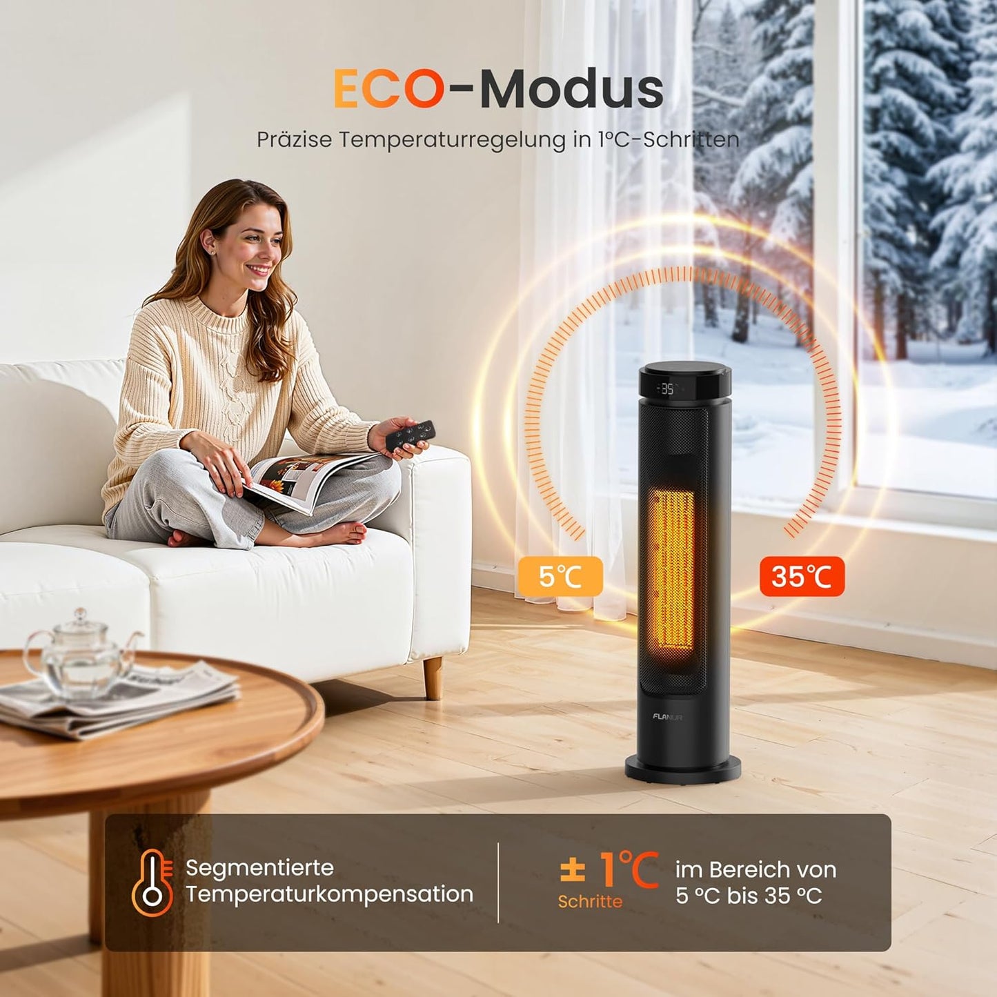 Turmheizlüfter mit Fernbedienung, 60cm Schwarz