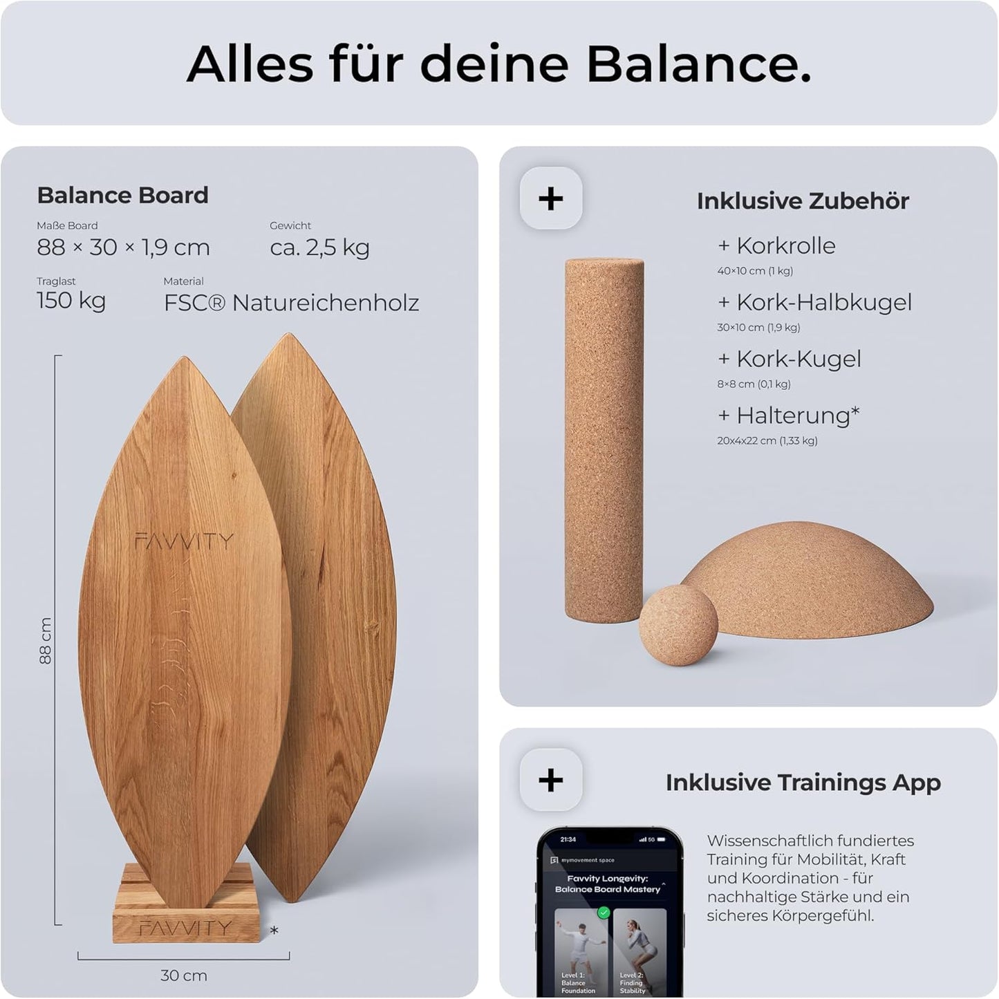 Balance Board aus Eichenholz, Komplett-Set + App + Ständer: Eiche (Spitz)