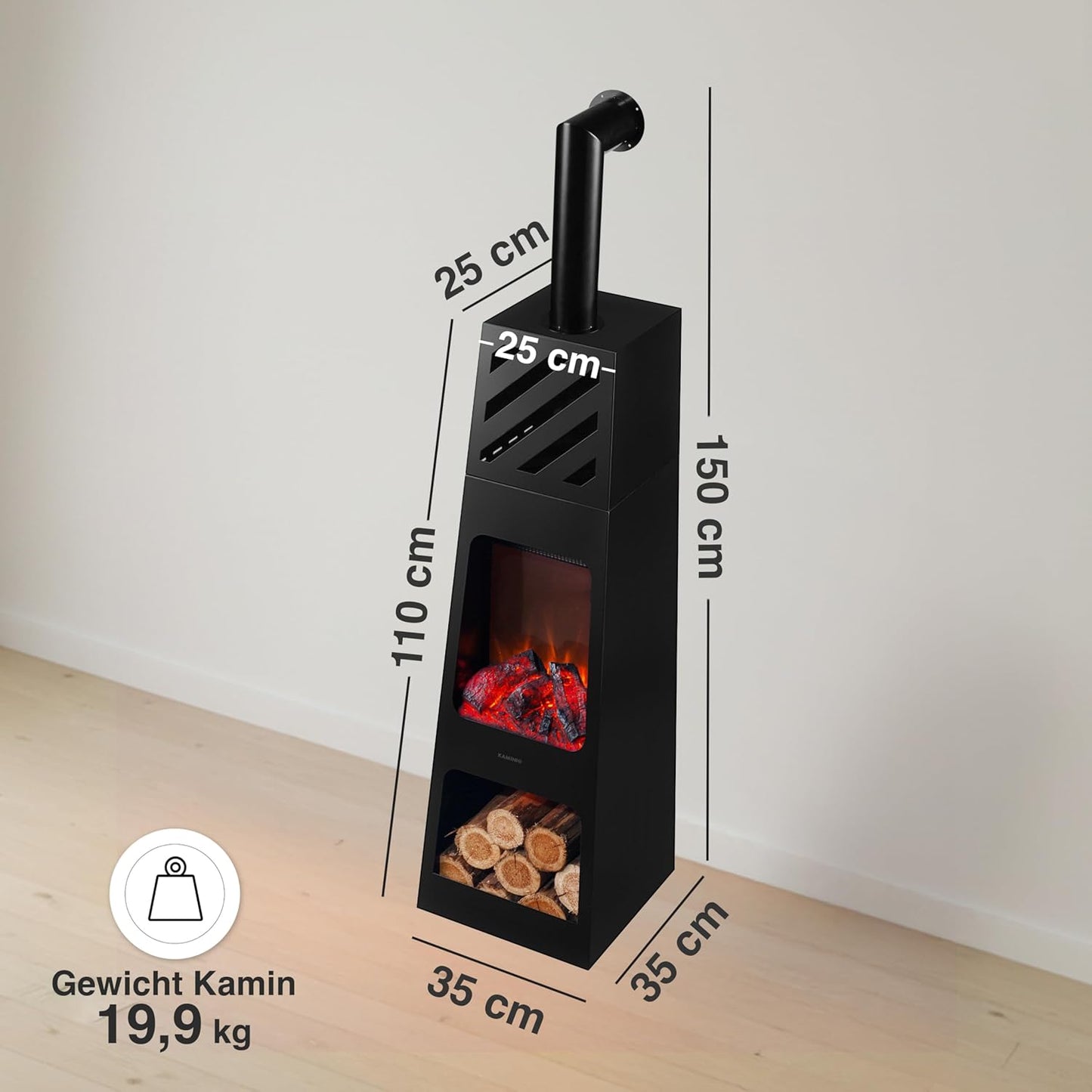 Elektrischer Gartenkamin Kai mit 3D-Flammeneffekt, X-Large mit Rohr