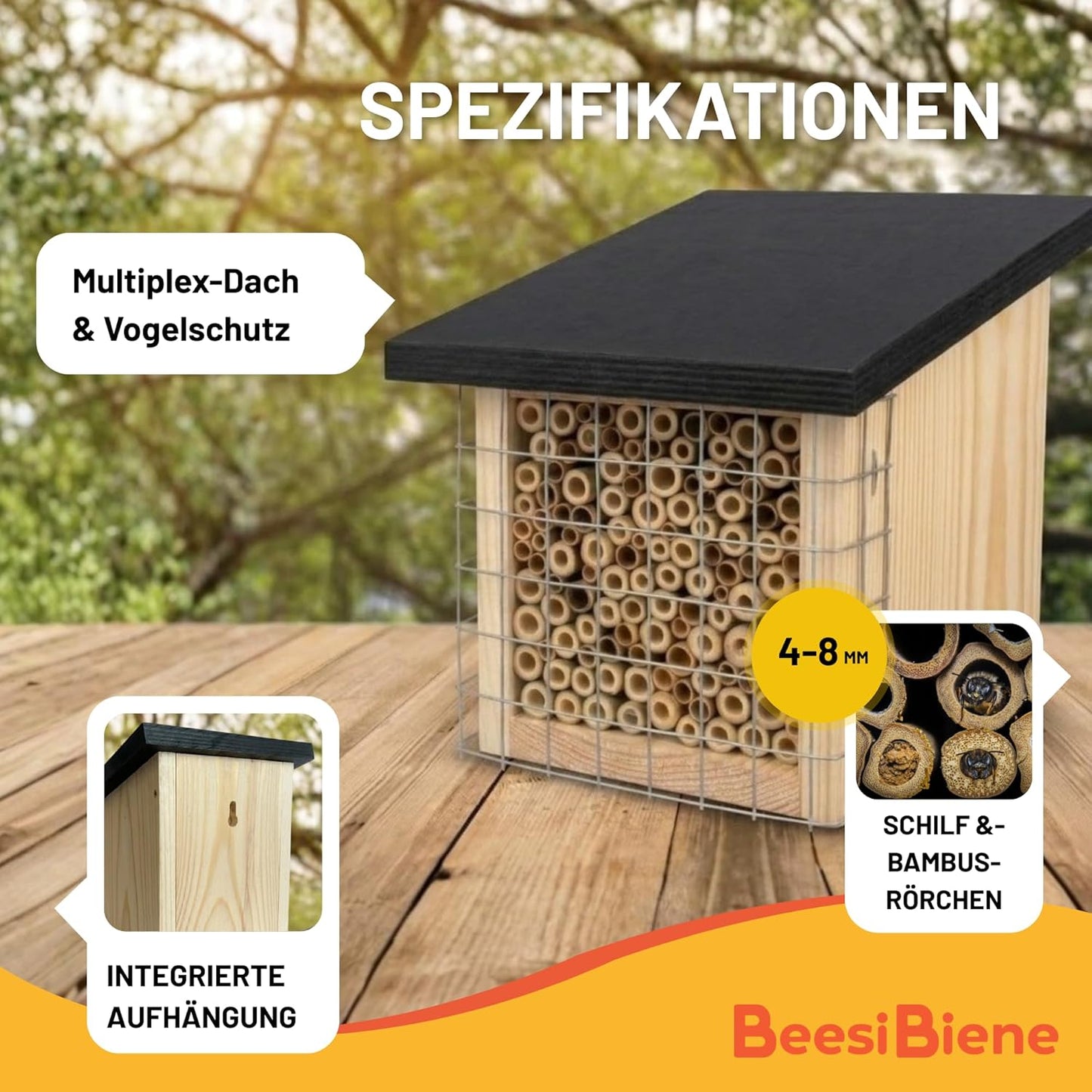 Insektenhotel mit Vogelschutzgitter & Multiplex Dach, Bambus & Schilf + Multiplex Dach