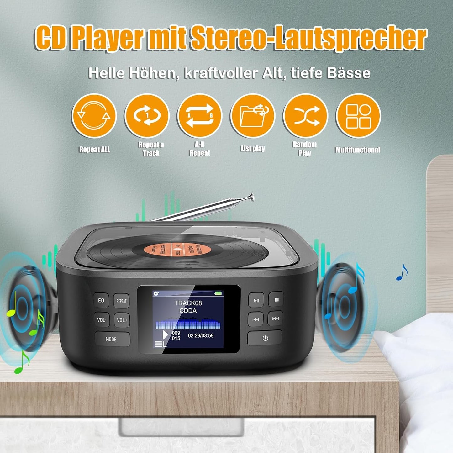 Tragbarer CD-Player mit Bluetooth, CD-HC030-Schwarz